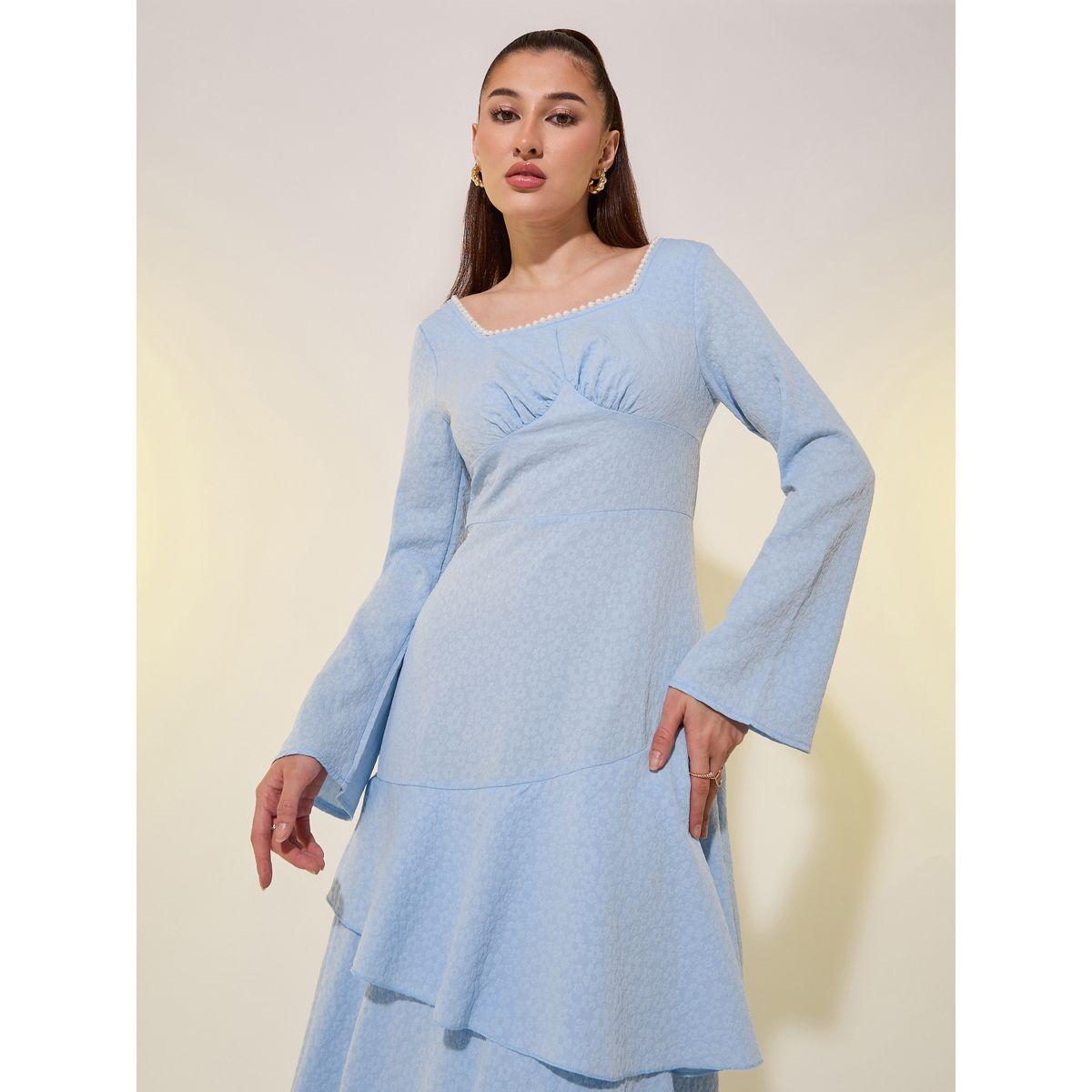 فستان طويل بياقة واسعة ومزين بلؤلؤ صناعي-women-clothing-dresses-image-3