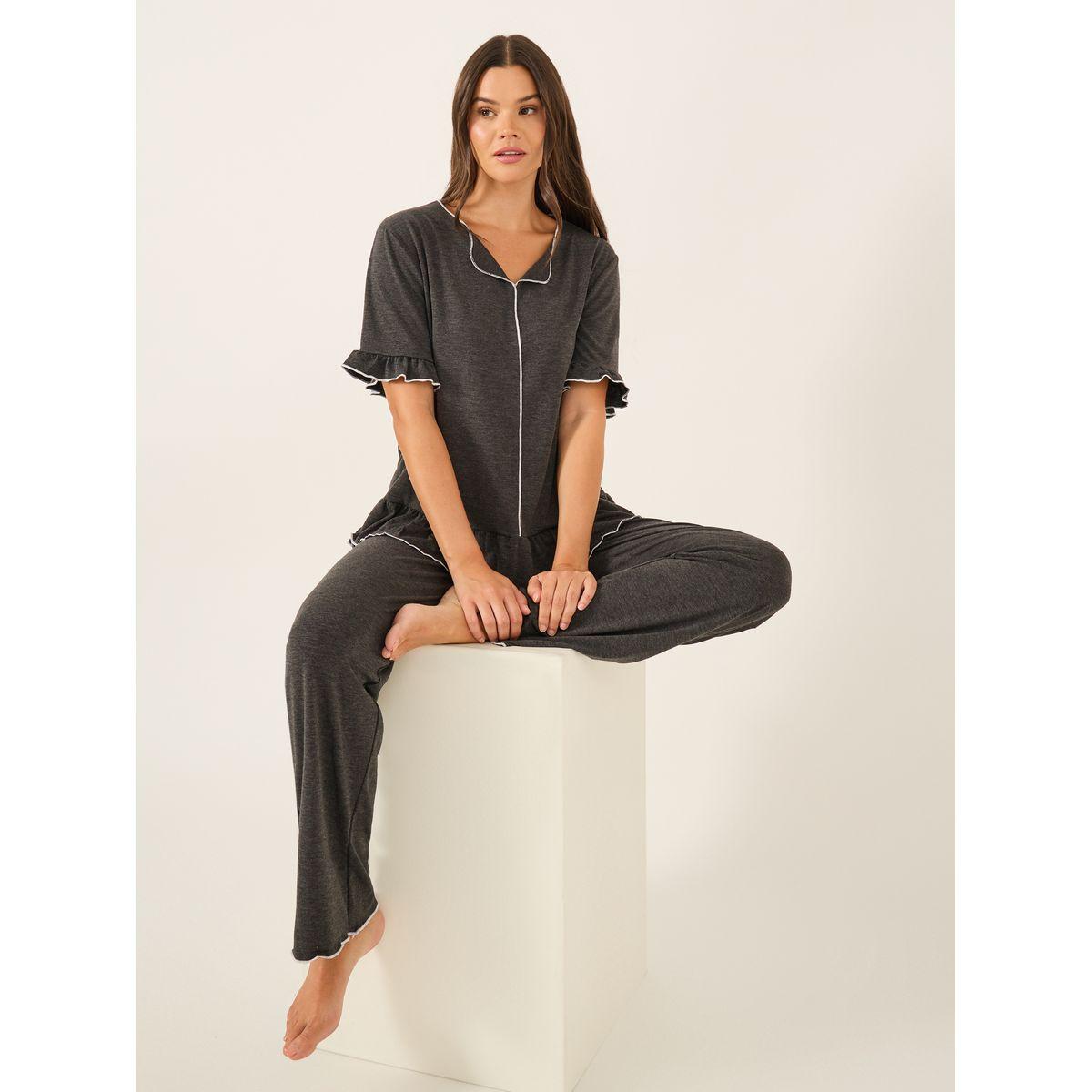 Styli Solid Ruffled Short Sleeve Top and Pyjama Set-women-clothing-nightwear-pyjamas-longsets-image-1