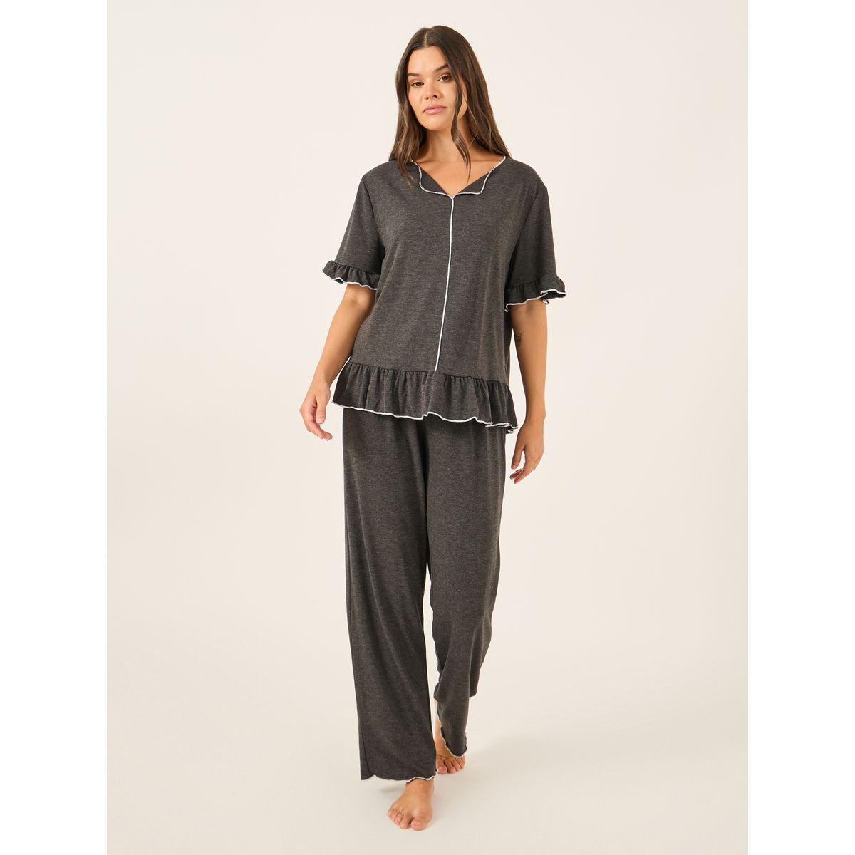 Styli Solid Ruffled Short Sleeve Top and Pyjama Set-women-clothing-nightwear-pyjamas-longsets-image-2