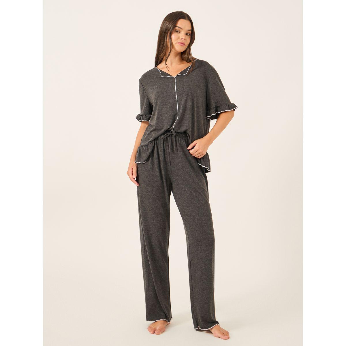 Styli Solid Ruffled Short Sleeve Top and Pyjama Set-women-clothing-nightwear-pyjamas-longsets-image-3
