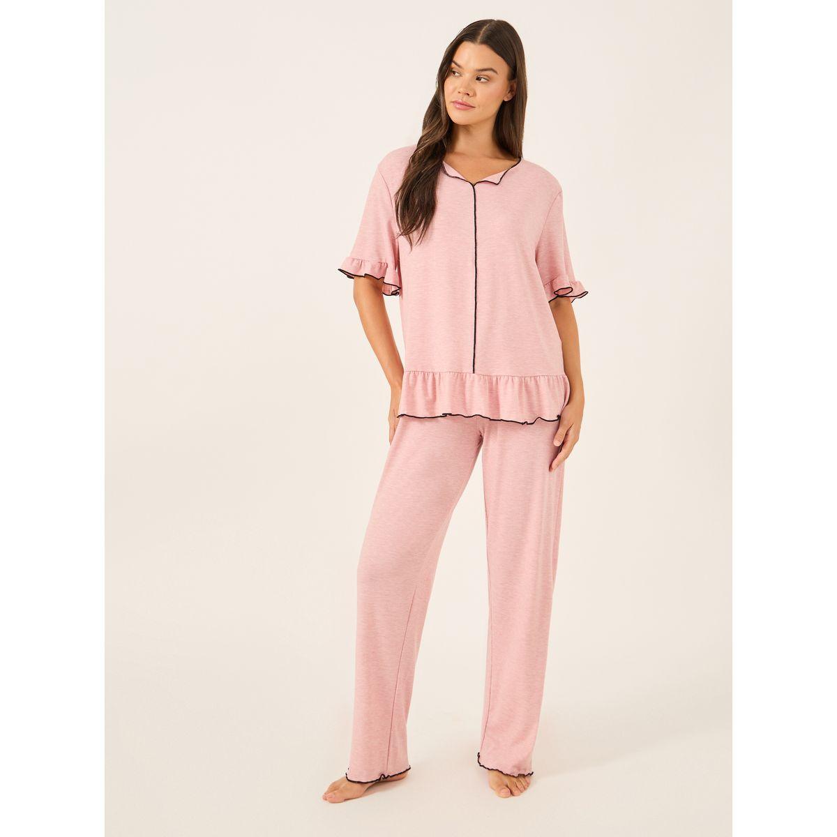 Styli Ruffle Trim Contrast Stitch Top and Pyjama Set-women-clothing-nightwear-pyjamas-longsets-image-1