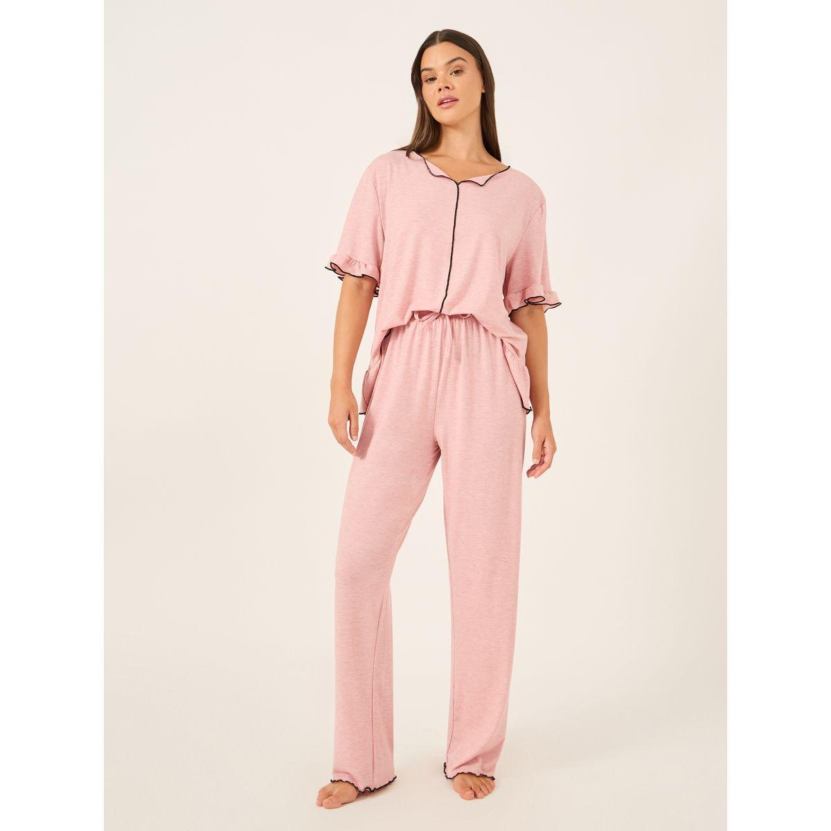 Styli Ruffle Trim Contrast Stitch Top and Pyjama Set-women-clothing-nightwear-pyjamas-longsets-image-2