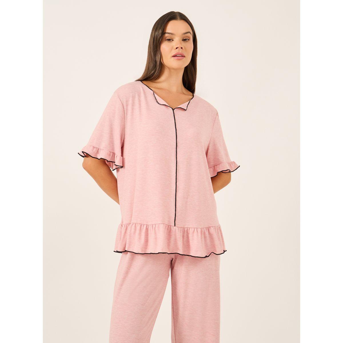 Styli Ruffle Trim Contrast Stitch Top and Pyjama Set-women-clothing-nightwear-pyjamas-longsets-image-3