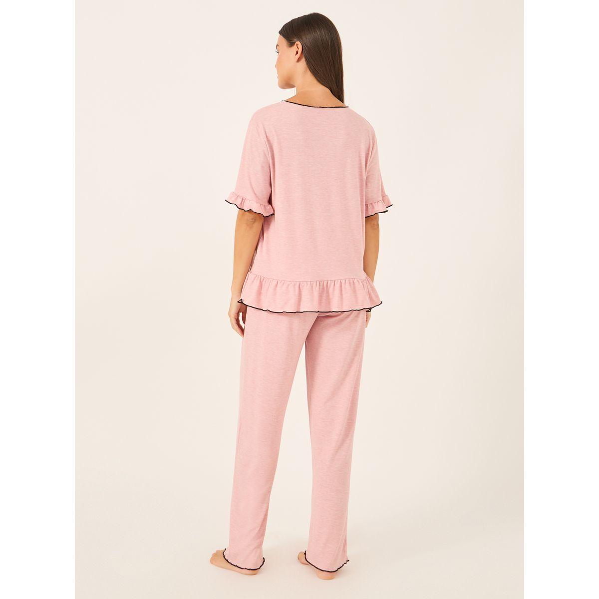 Styli Ruffle Trim Contrast Stitch Top and Pyjama Set-women-clothing-nightwear-pyjamas-longsets-image-5