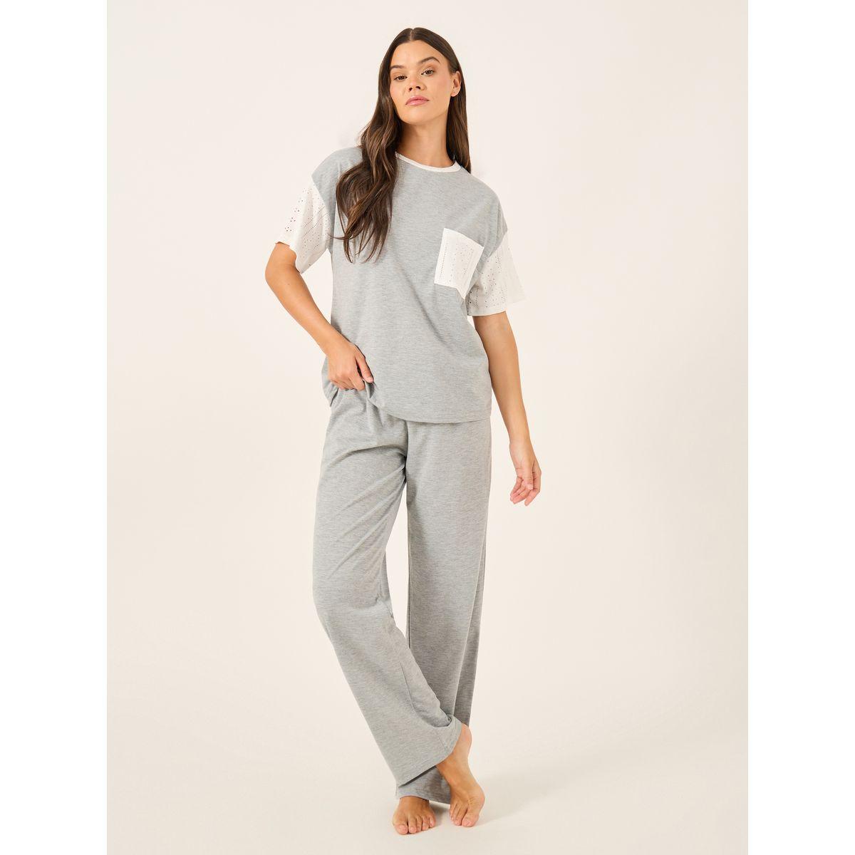 Styli Schiffli Sleeve Round Neck T-Shirt and Pyjama Set-women-clothing-nightwear-pyjamas-longsets-image-1