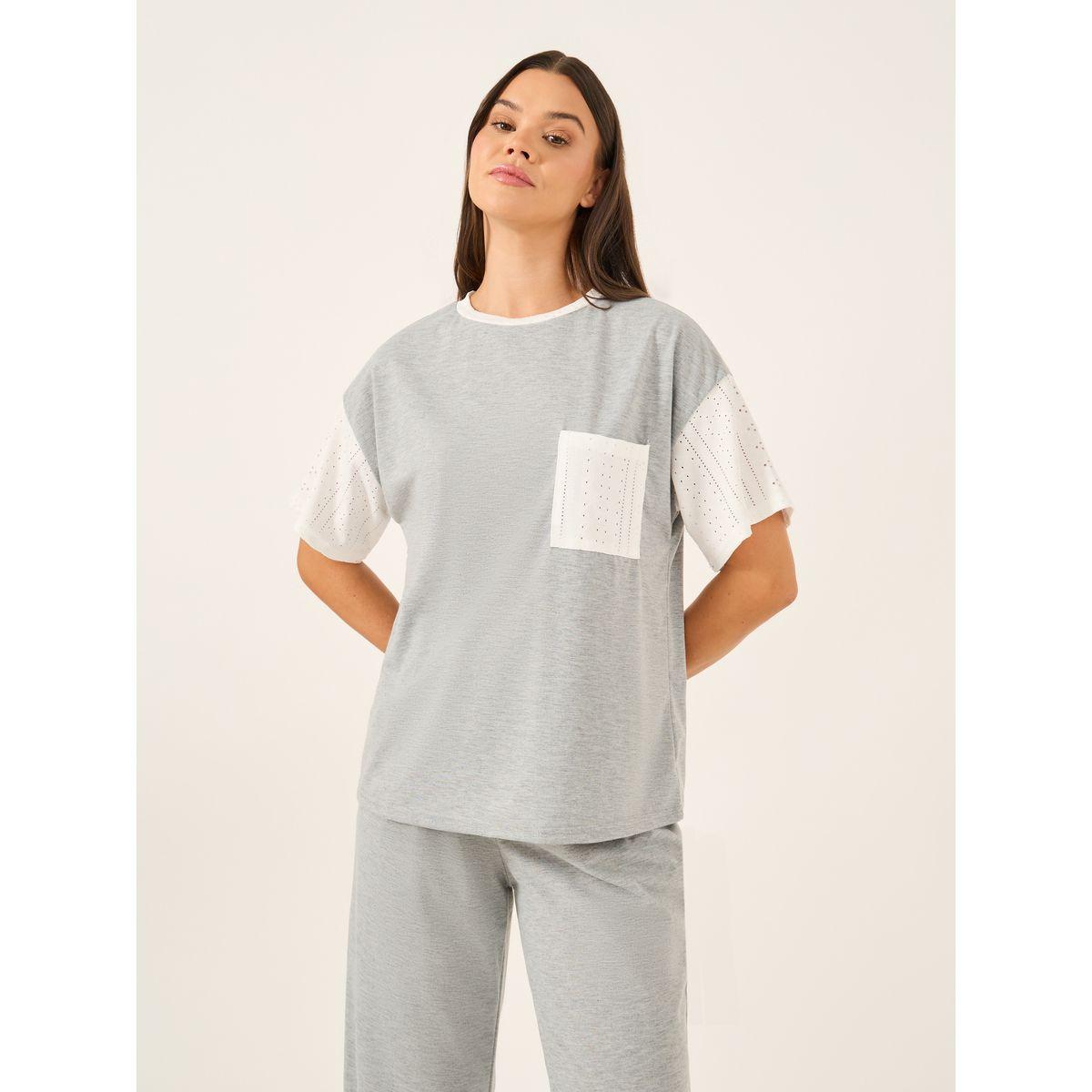 Styli Schiffli Sleeve Round Neck T-Shirt and Pyjama Set-women-clothing-nightwear-pyjamas-longsets-image-3