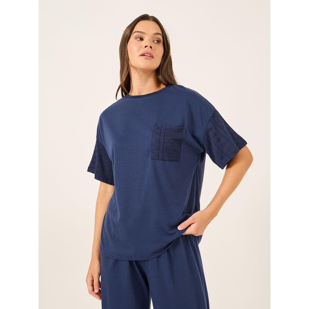 Styli Schiffli Sleeve Round Neck T-Shirt and Pyjama Set-women-clothing-nightwear-pyjamas-longsets-image-3