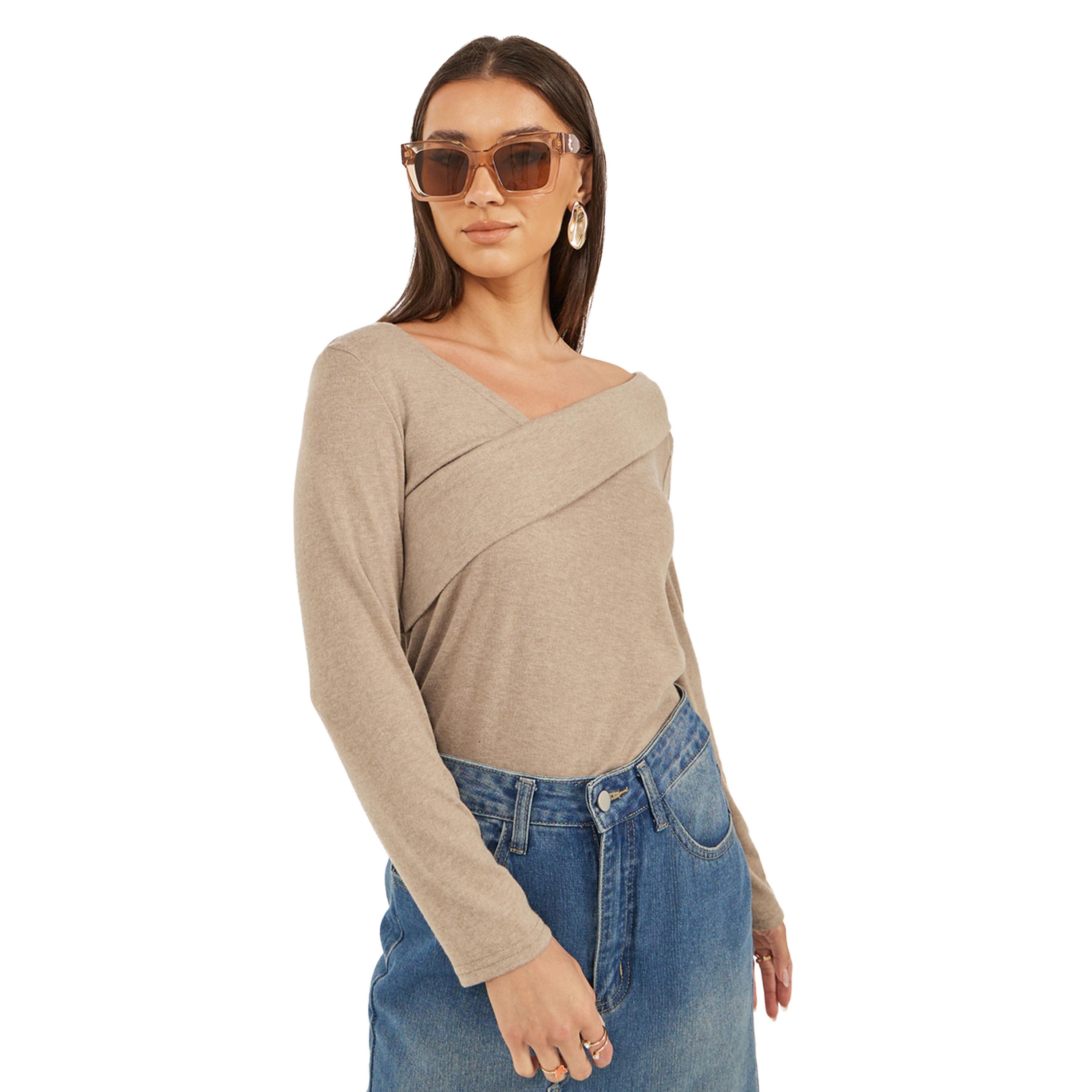 Styli Asymmetric Neck Long Sleeve Knitted Top-women-clothing-tshirts-image-1
