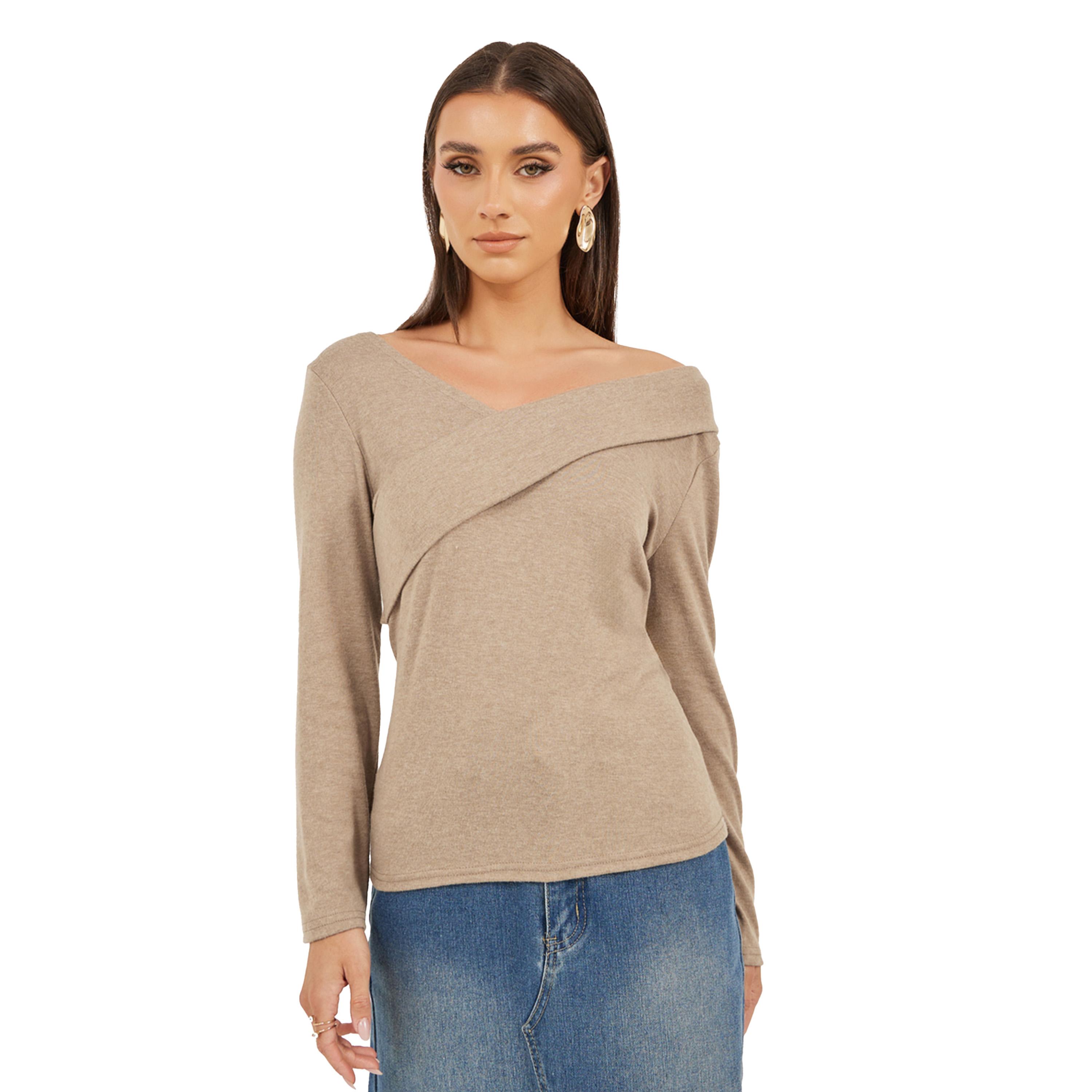 Styli Asymmetric Neck Long Sleeve Knitted Top-women-clothing-tshirts-image-3
