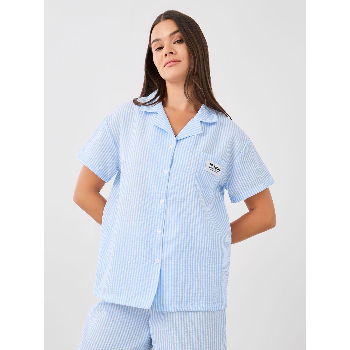 طقم من بنطال بيجاما وبلوزة مخططة بأكمام قصيرة-women-clothing-nightwear-pyjamas-longsets-image-2