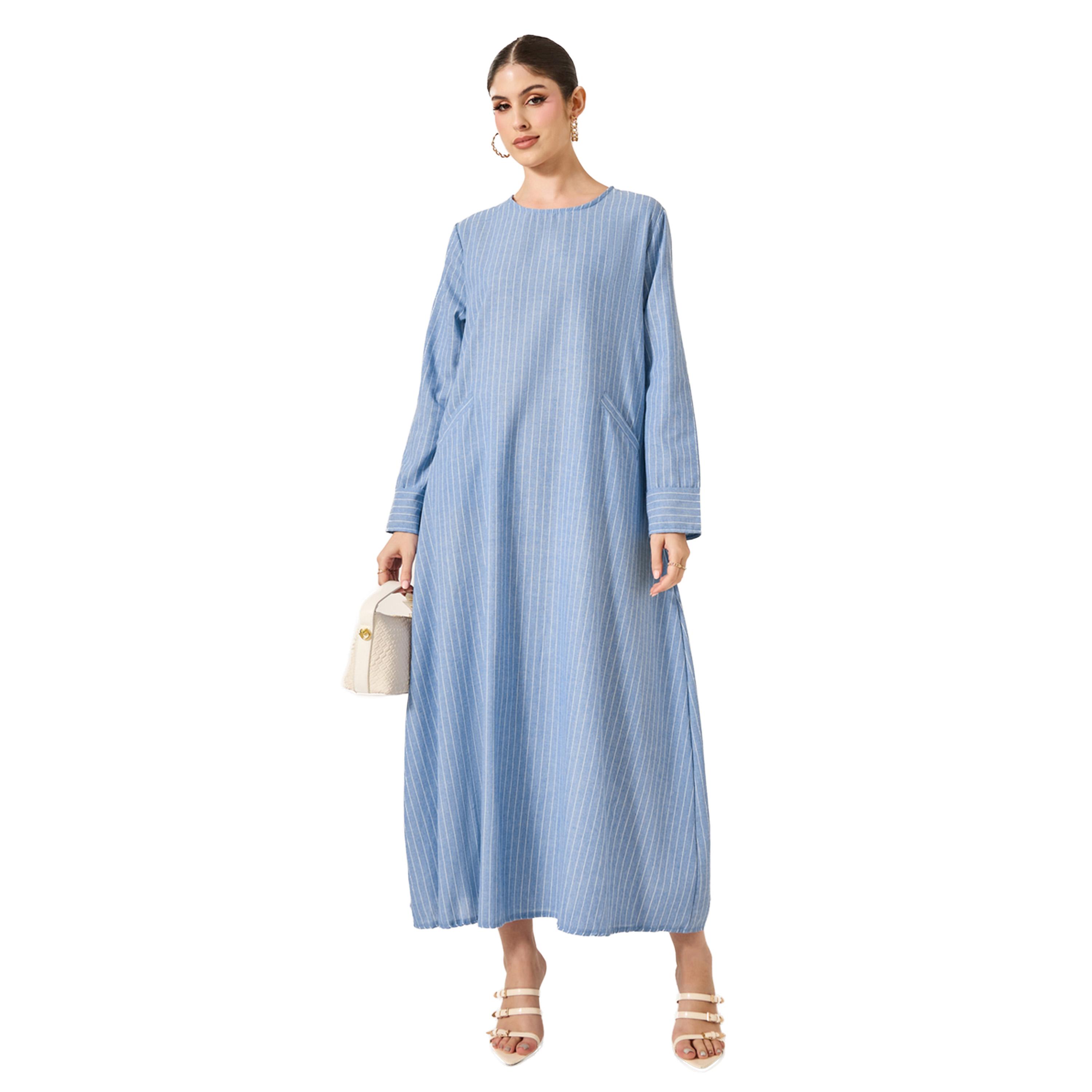 ستايلي -  جلابية مخططة على شكل حرف A مع جيوب-women-arabicclothing-jalabiyas-image-1