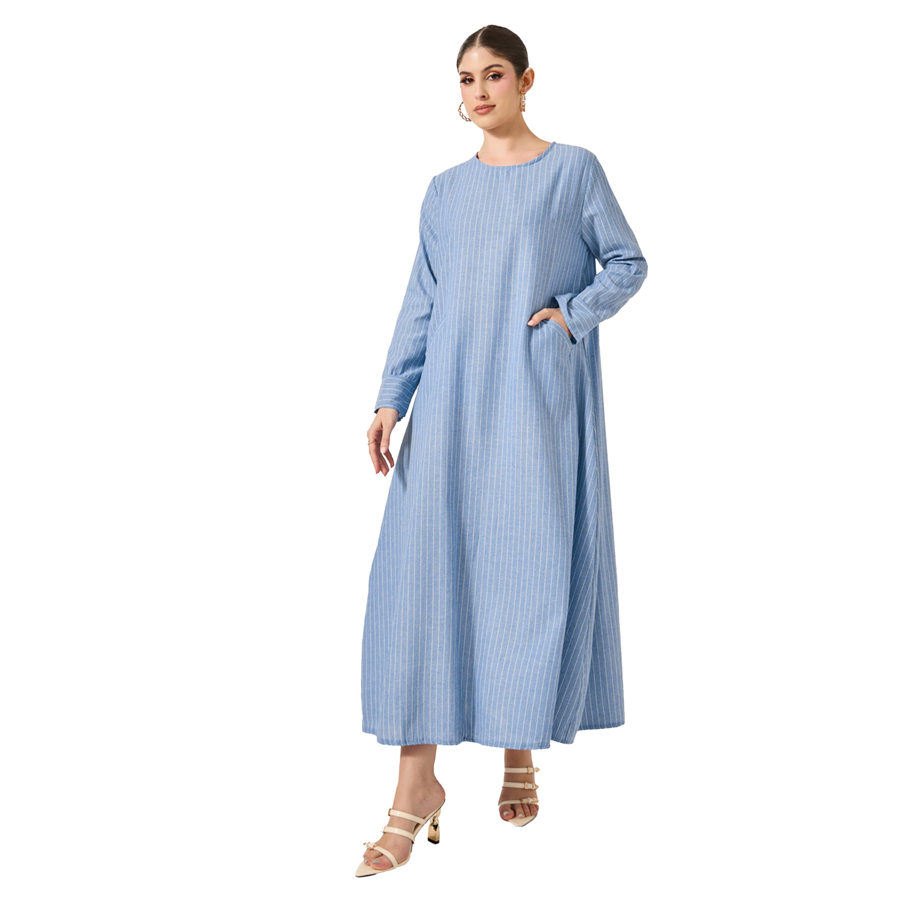 ستايلي -  جلابية مخططة على شكل حرف A مع جيوب-women-arabicclothing-jalabiyas-image-2