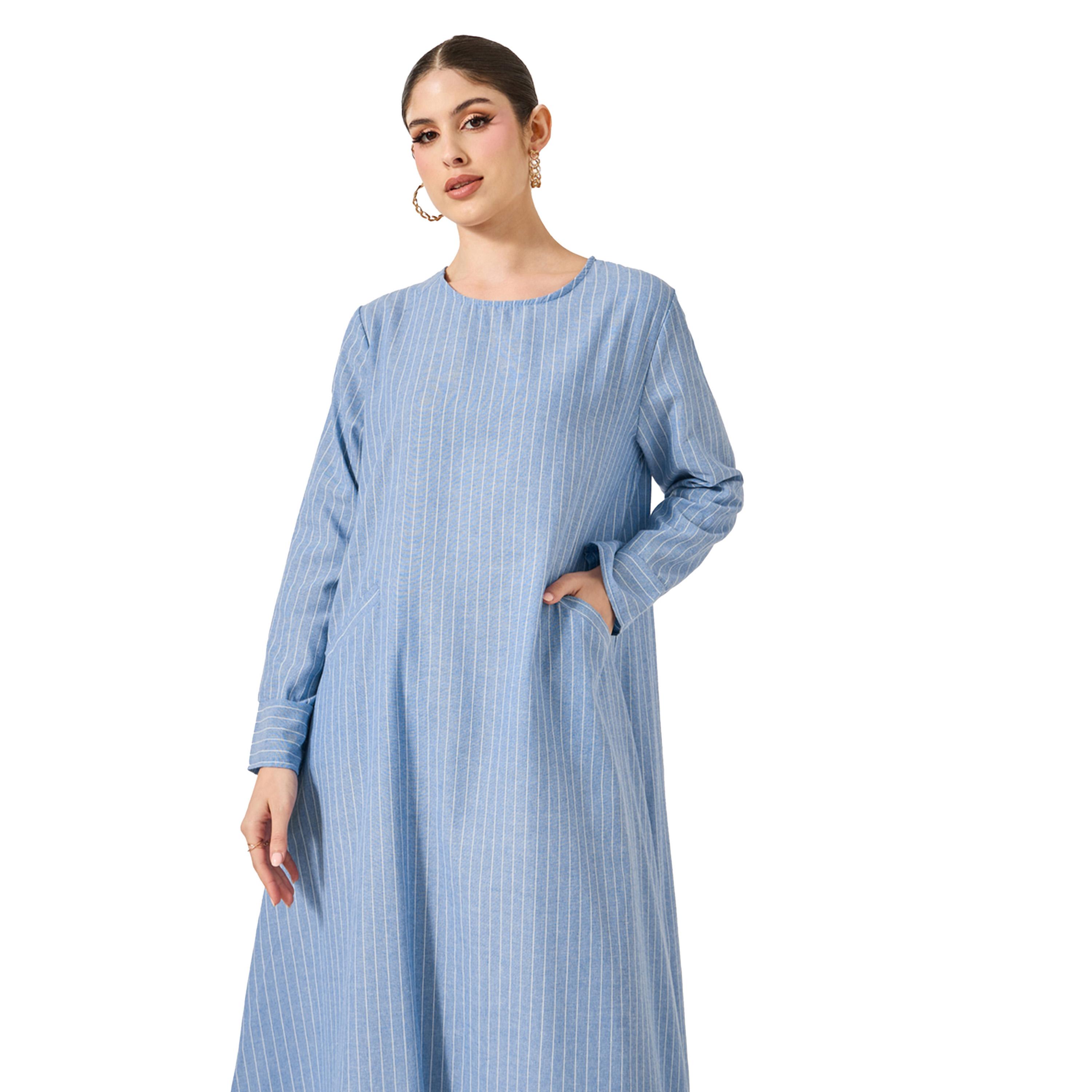 ستايلي -  جلابية مخططة على شكل حرف A مع جيوب-women-arabicclothing-jalabiyas-image-3