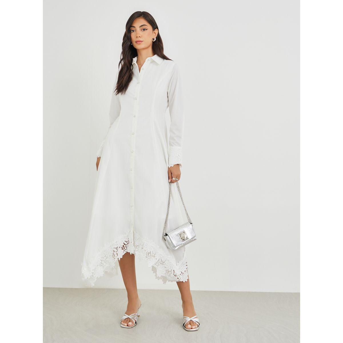 Styli Solid Lace Insert Long Sleeves Shirt Midi Dress-women-clothing-dresses-image-1