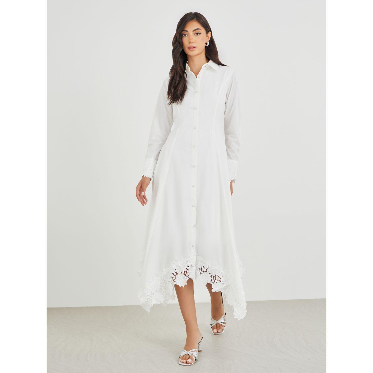 Styli Solid Lace Insert Long Sleeves Shirt Midi Dress-women-clothing-dresses-image-2
