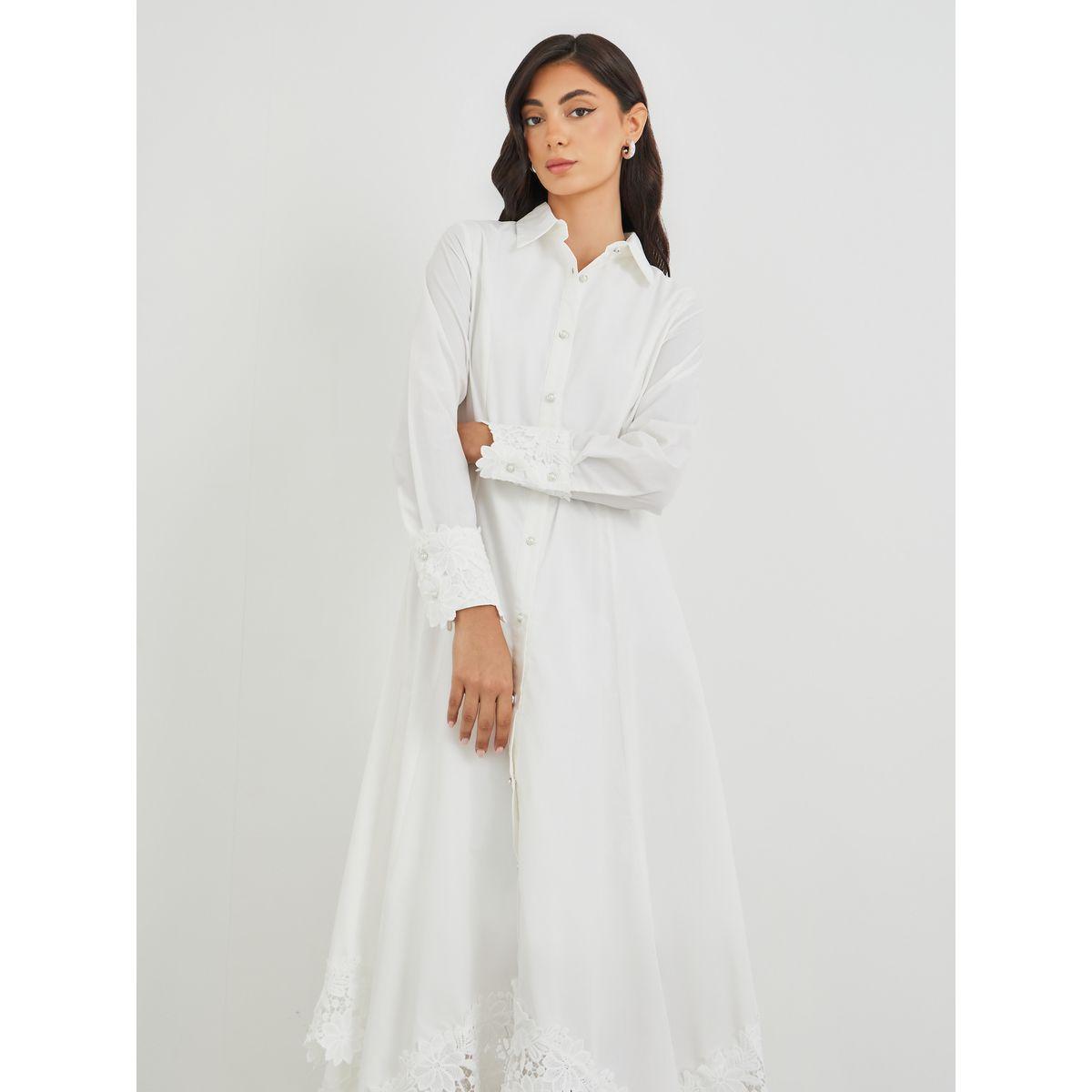 Styli Solid Lace Insert Long Sleeves Shirt Midi Dress-women-clothing-dresses-image-3