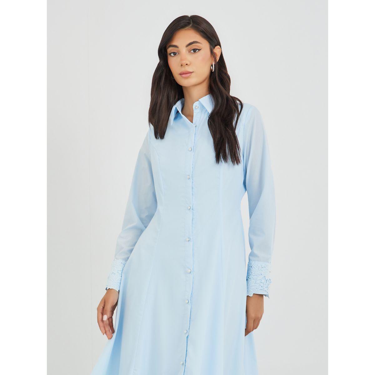 Styli Solid Lace Insert Long Sleeves Shirt Midi Dress-women-clothing-dresses-image-3