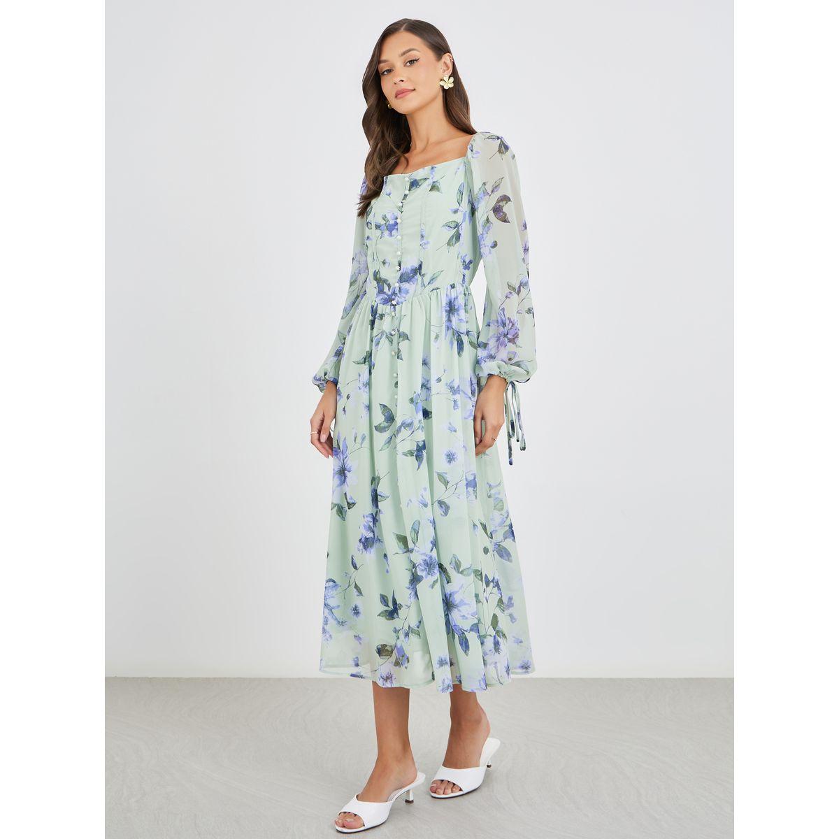 فستان ميدي بطبعة زهور وأكمام بالون-women-clothing-dresses-image-2