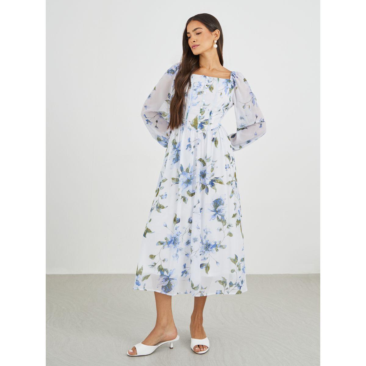فستان ميدي مطبع بزهور مع أكمام بالون-women-clothing-dresses-image-1