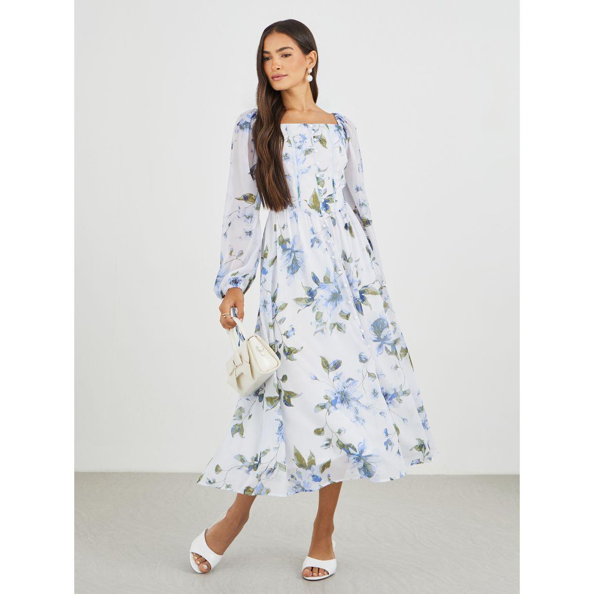 فستان ميدي مطبع بزهور مع أكمام بالون-women-clothing-dresses-image-2
