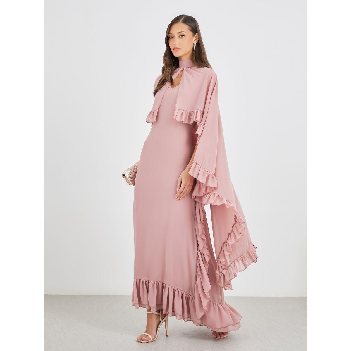 Styli Ruffled Cape Sleeve High Neck Maxi Dress-women-clothing-dresses-image-1