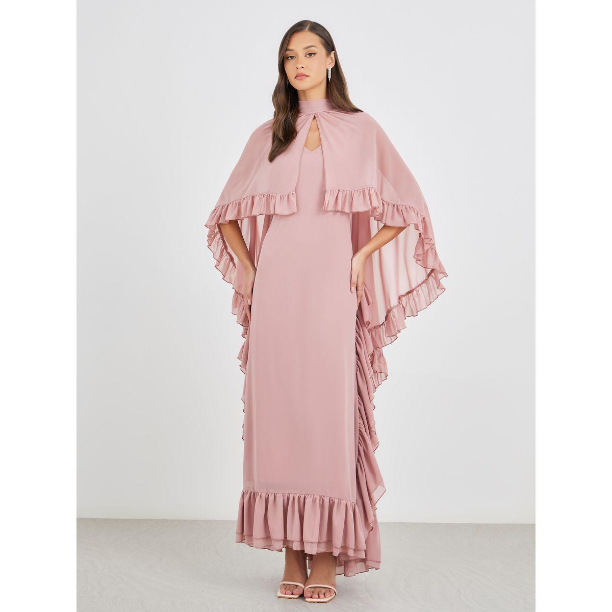 Styli Ruffled Cape Sleeve High Neck Maxi Dress-women-clothing-dresses-image-2