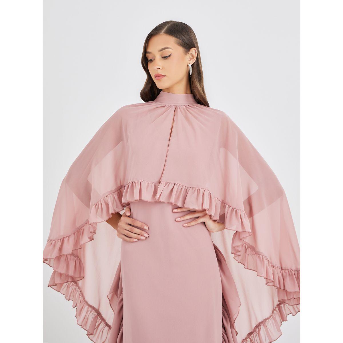 فستان طويل بتفاصيل كشكش وأكمام بنمط كيب-women-clothing-dresses-image-4