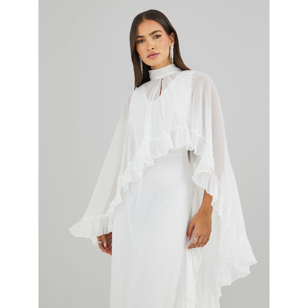 فستان طويل بياقة عالية وأكمام كيب بكشكش-women-clothing-dresses-image-3