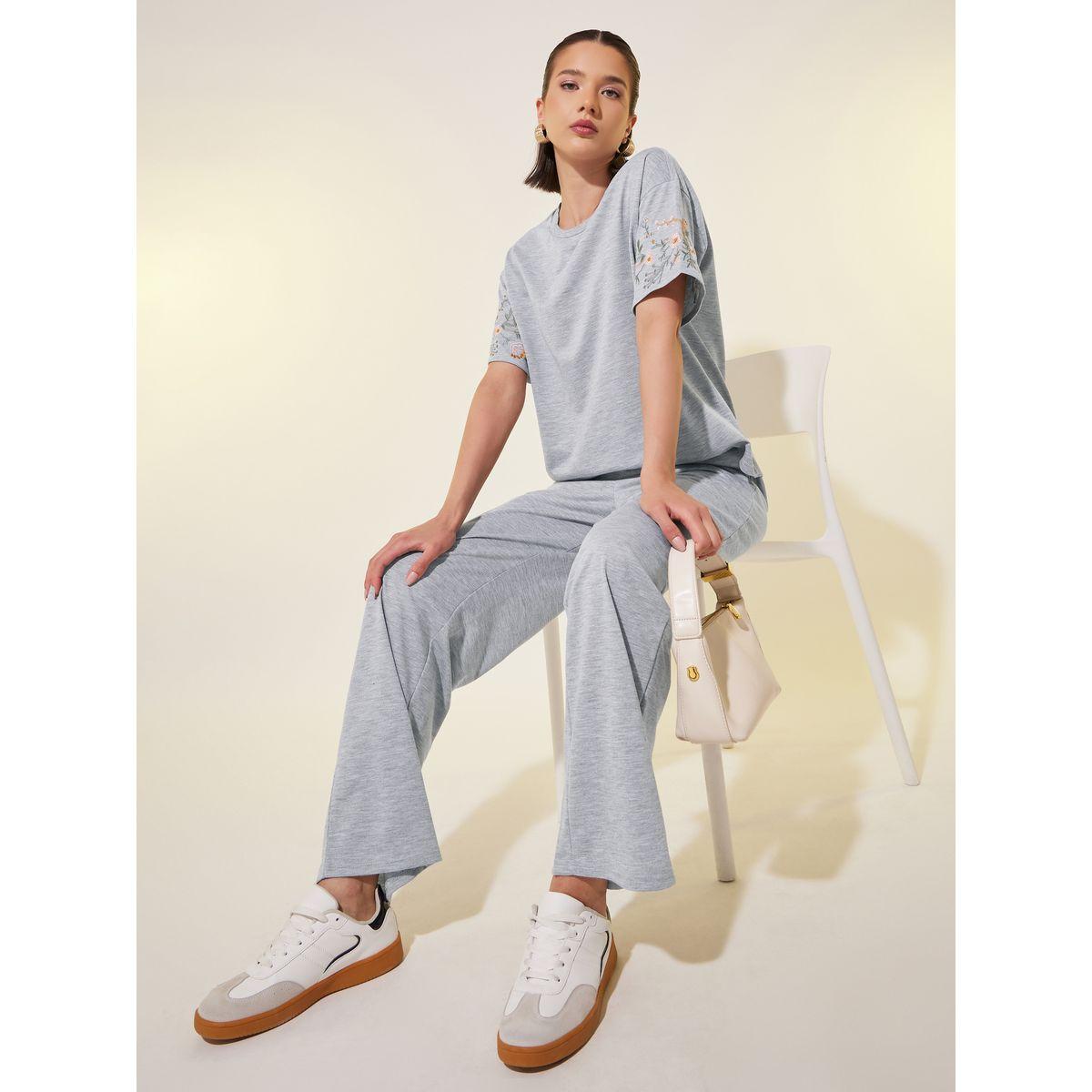 Styli Embroidered Detail Short Sleeve T-Shirt and Pants Co-Ords-women-clothing-coordsets-image-1