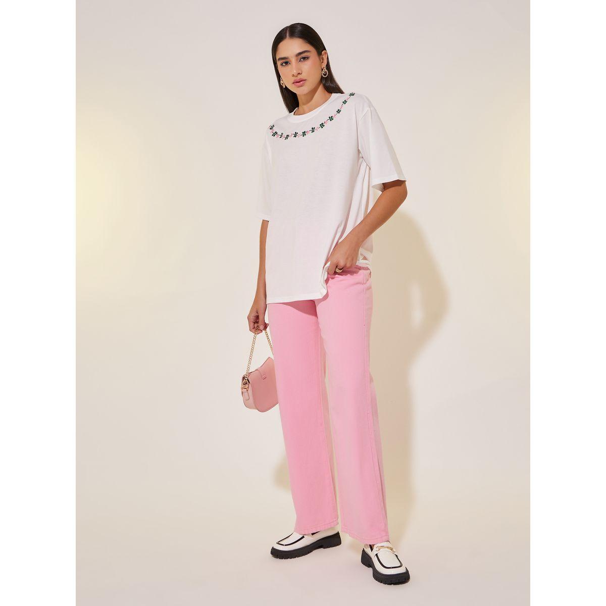 Styli Floral Embroidery Detail Short Sleeves T-Shirt-women-clothing-tshirts-image-2
