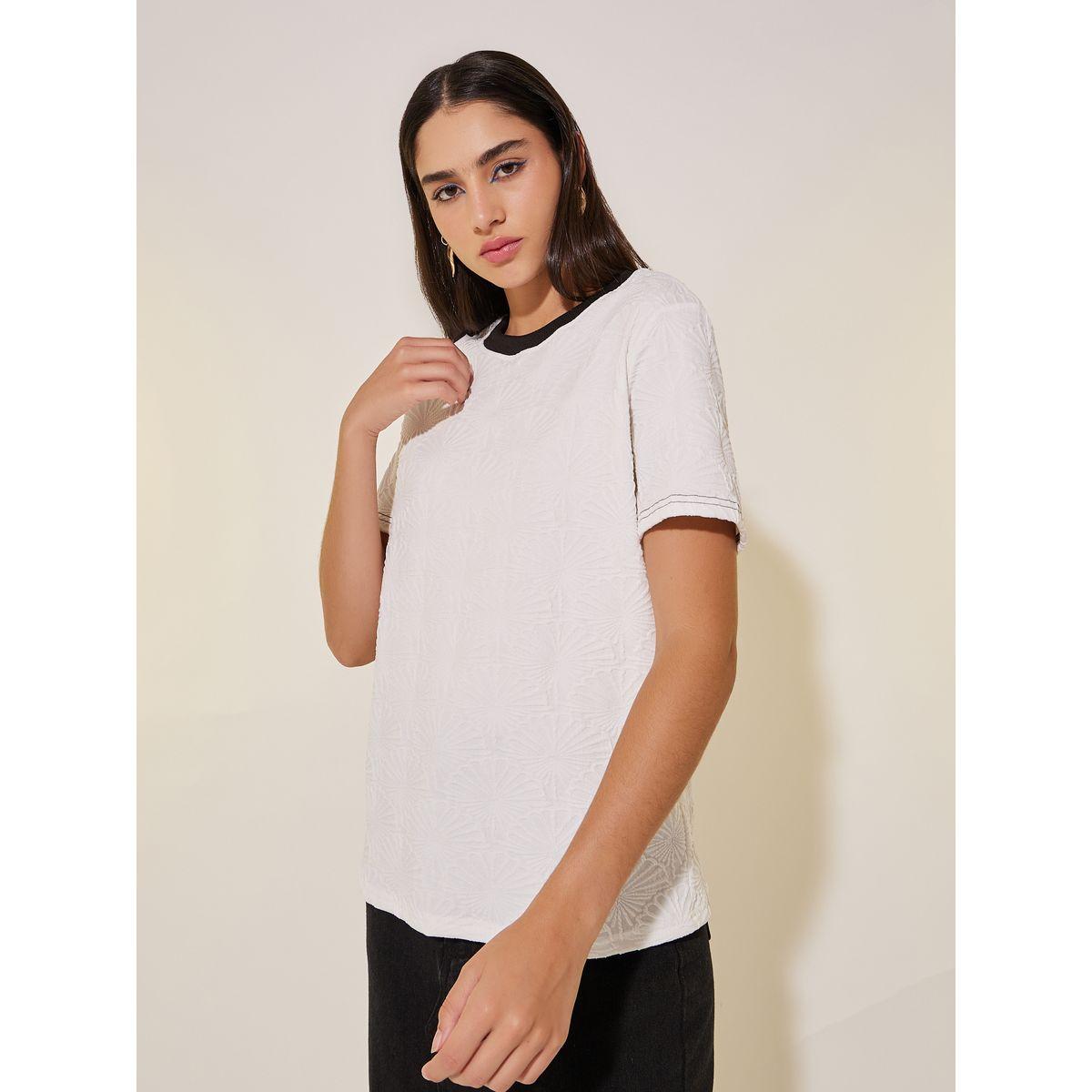 Styli Solid Jacquard Contrast Color T-Shirt-women-clothing-tshirts-image-3