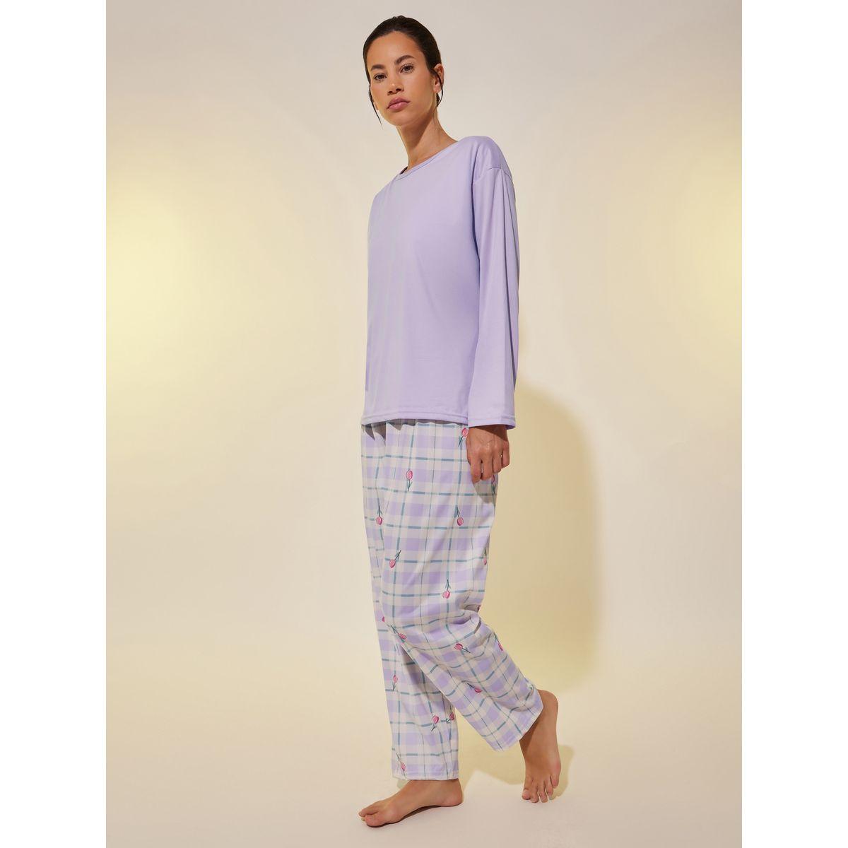 Styli Solid Long Sleeve T-Shirt with Bra and Printed Pyjama Set-women-clothing-nightwear-pyjamas-longsets-image-1