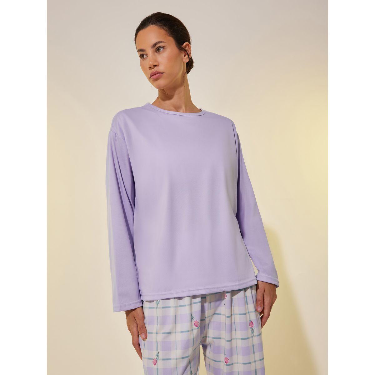 Styli Solid Long Sleeve T-Shirt with Bra and Printed Pyjama Set-women-clothing-nightwear-pyjamas-longsets-image-2