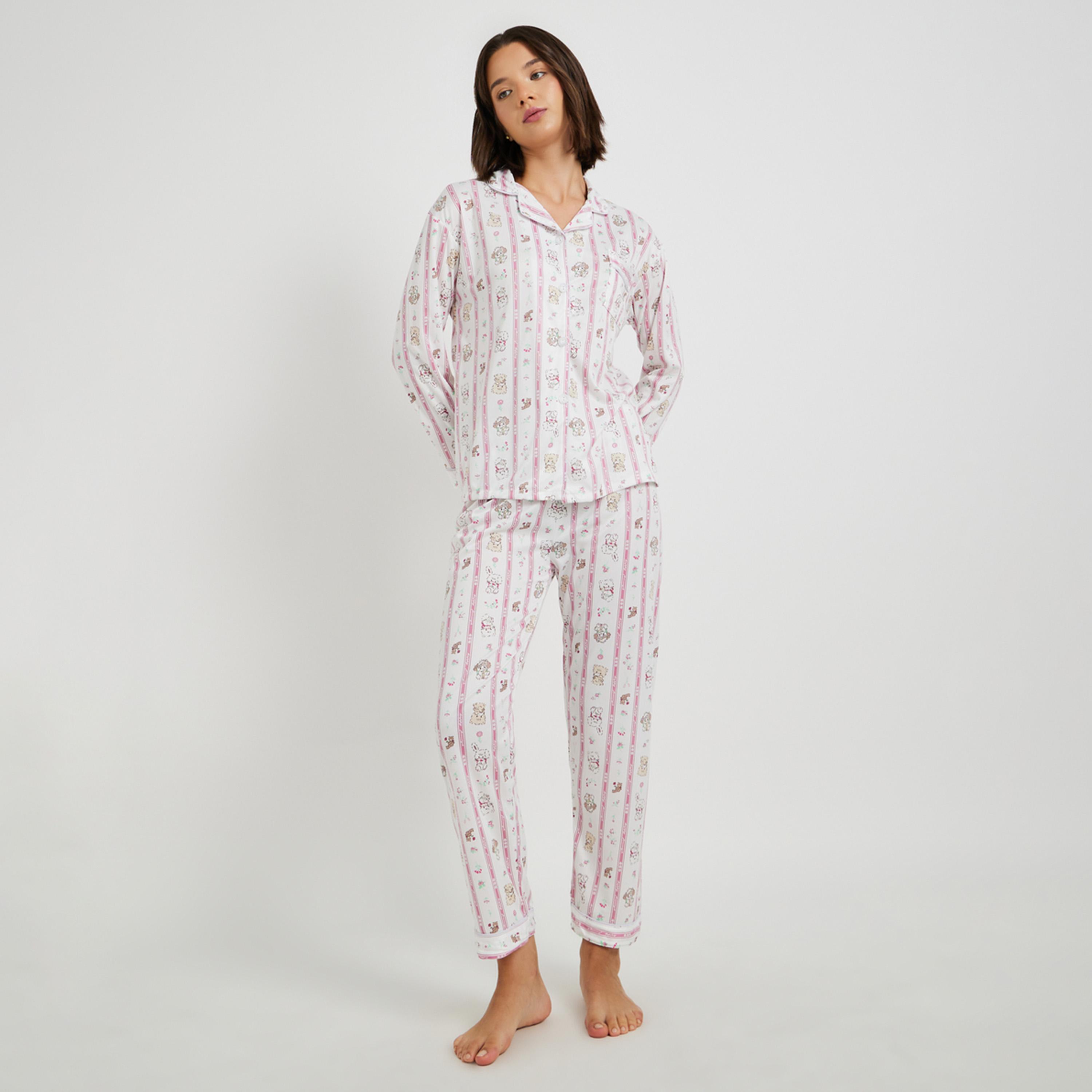 ستايلي - طقم قميص وبيبنطال جامة بأكمام طويلة بطبعة قطة-women-clothing-nightwear-pyjamas-longsets-image-1