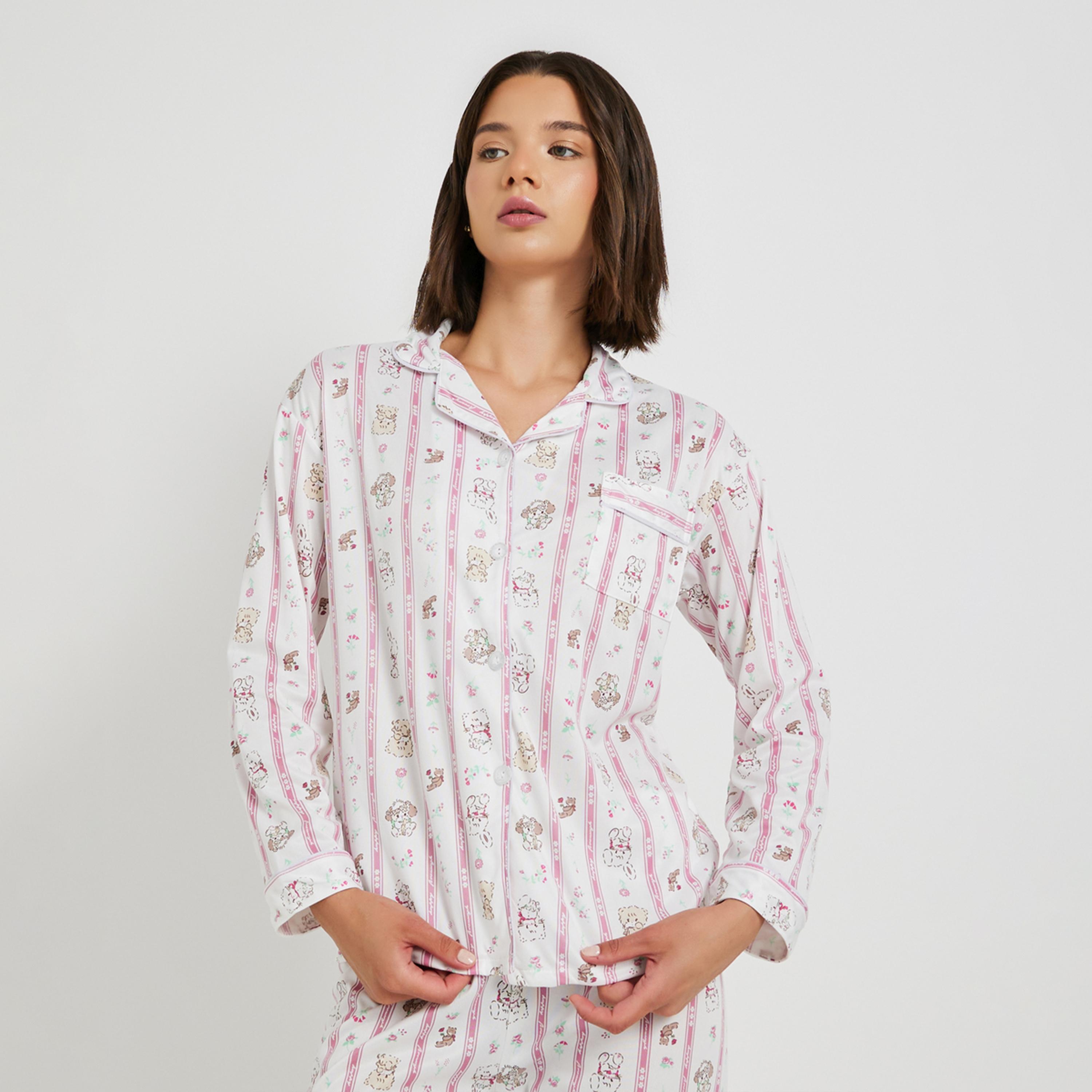 Styli Cat Printed Long Sleeve Shirt and Pyjama Set-women-clothing-nightwear-pyjamas-longsets-image-2
