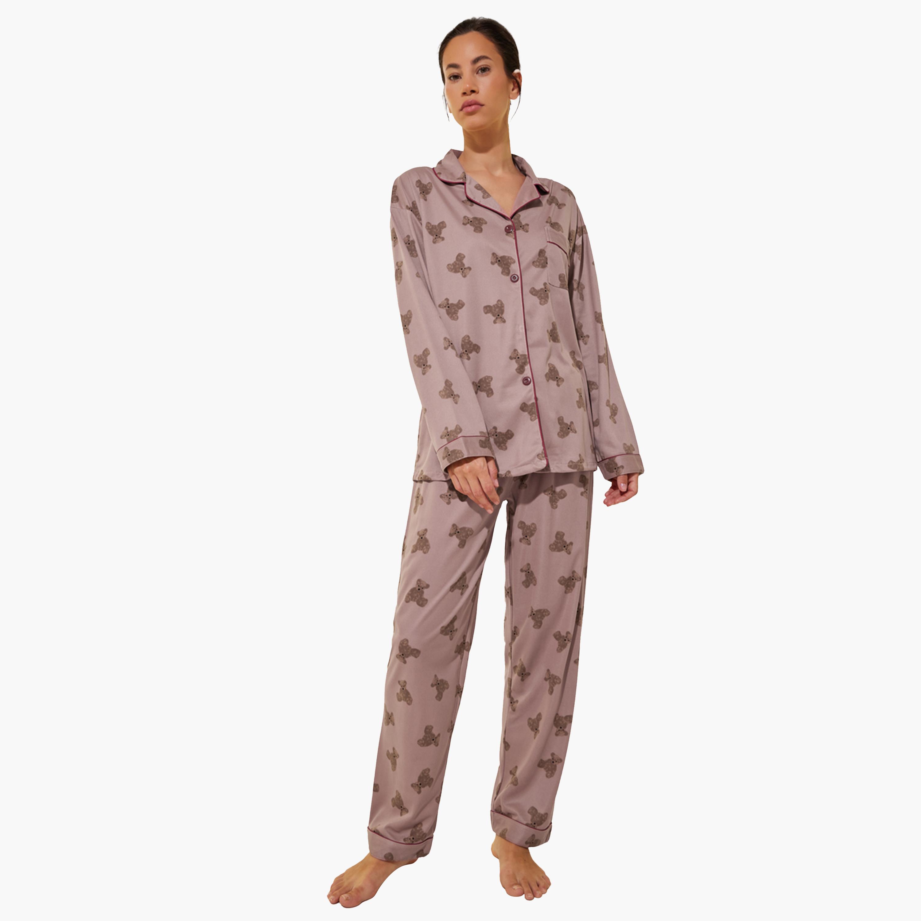 Take Two Bear Print Long Sleeve Shirt and Pyjama Set-women-clothing-nightwear-pyjamas-longsets-image-1