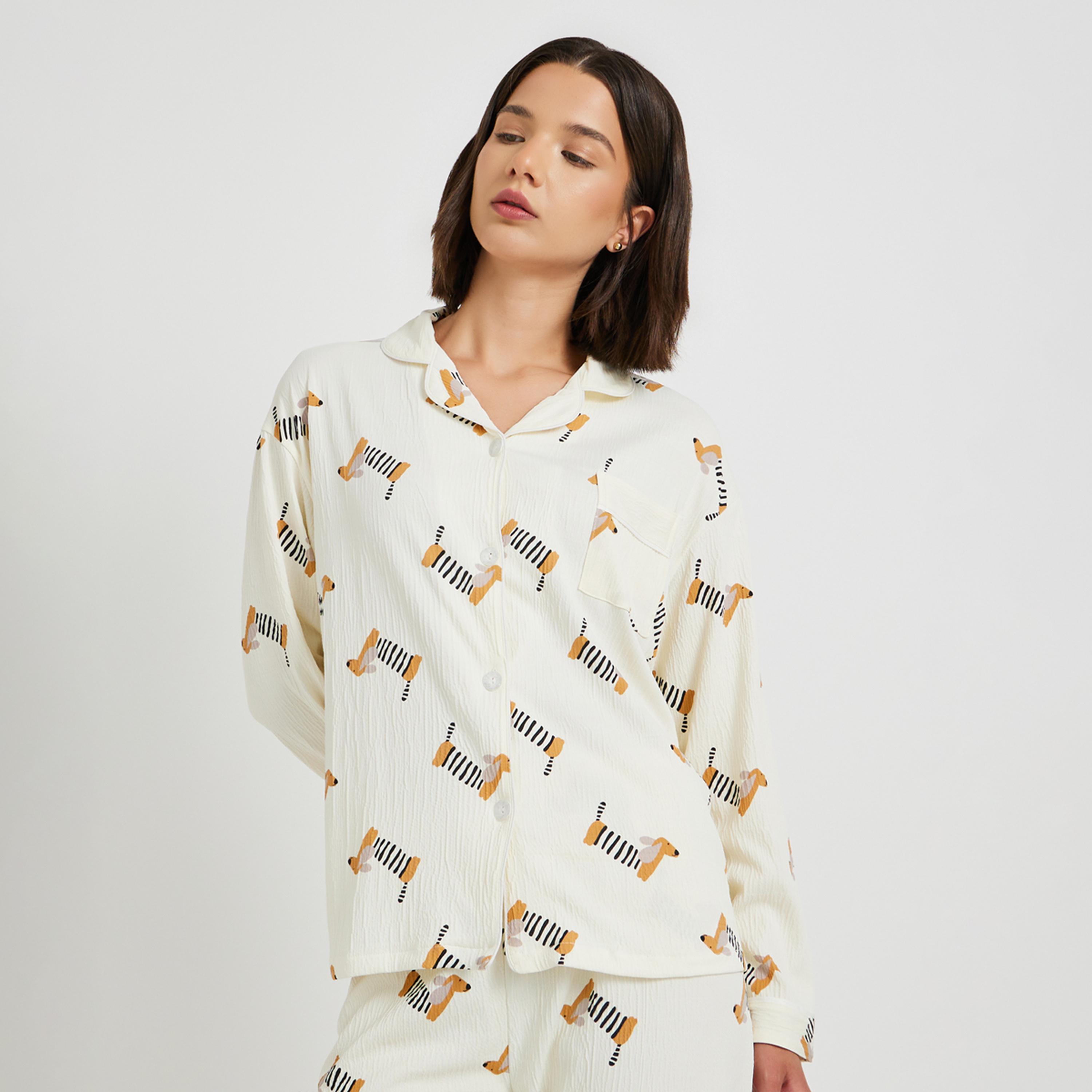 ستايلي - طقم قميص وبنطال بيجامة بأكمام طويلة بطبعة مرحة-women-clothing-nightwear-pyjamas-longsets-image-2