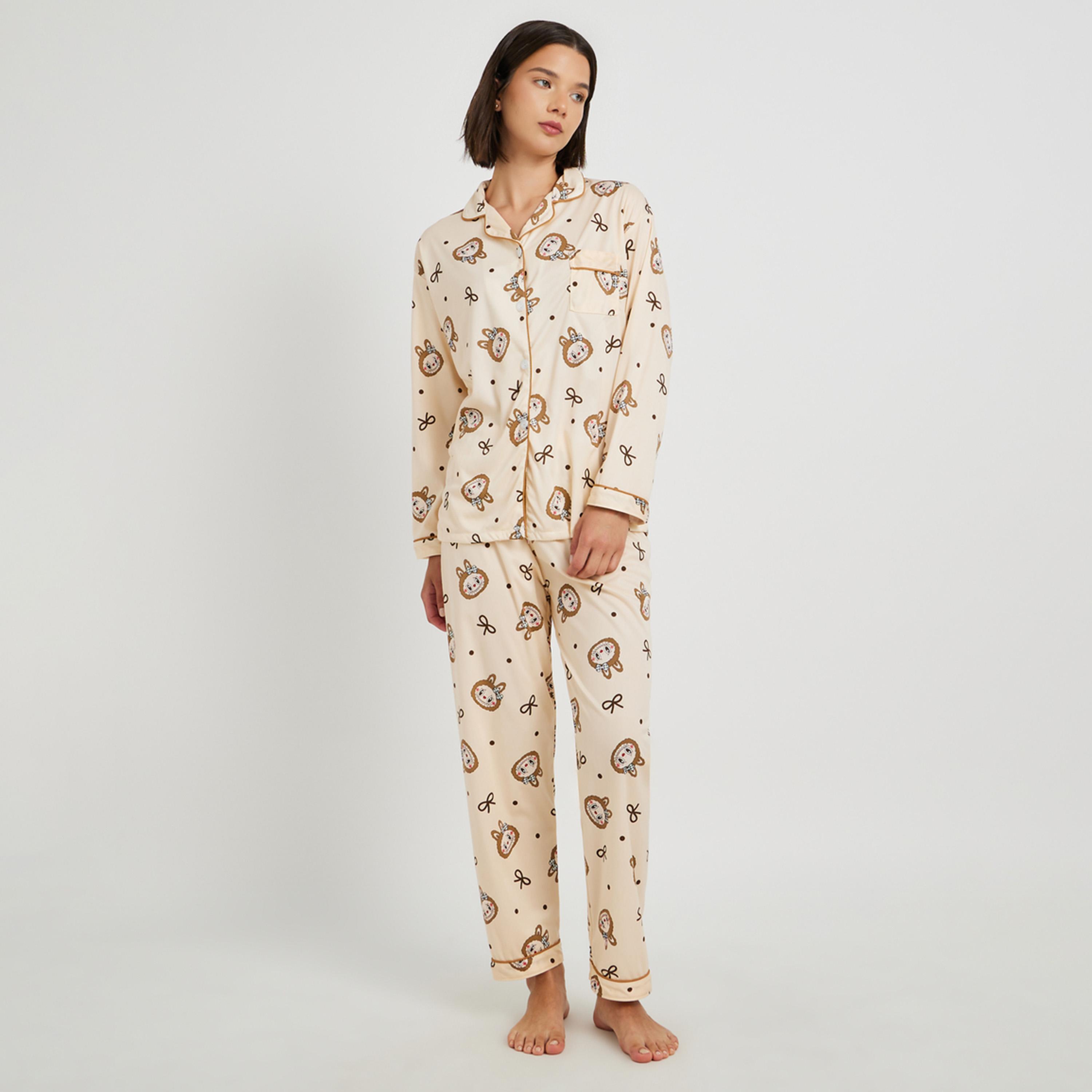 ستايلي - طقم قميص وبنطال بيجامة بأكمام طويلة بطبعة أرنب-women-clothing-nightwear-pyjamas-longsets-image-1