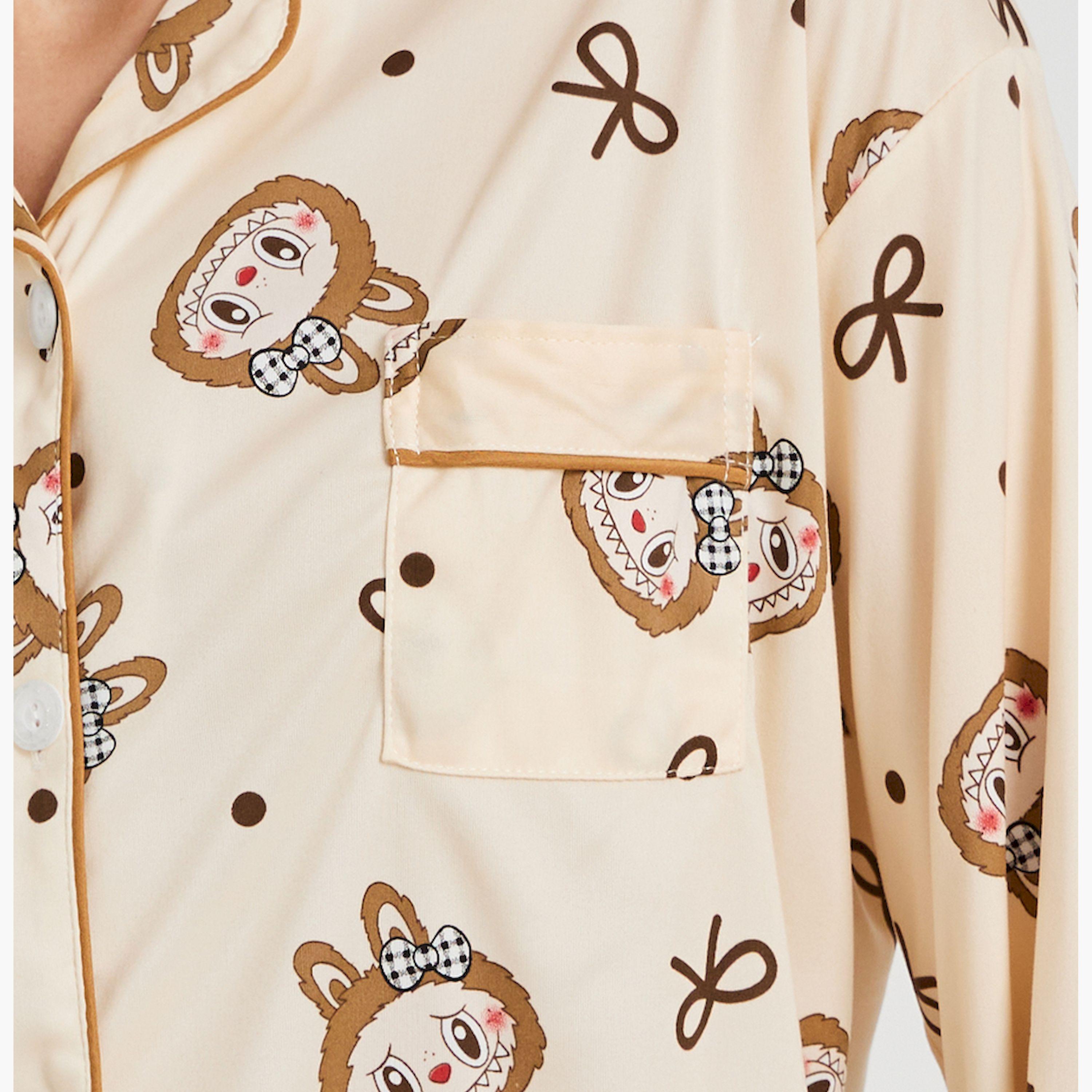 ستايلي - طقم قميص وبنطال بيجامة بأكمام طويلة بطبعة أرنب-women-clothing-nightwear-pyjamas-longsets-image-4