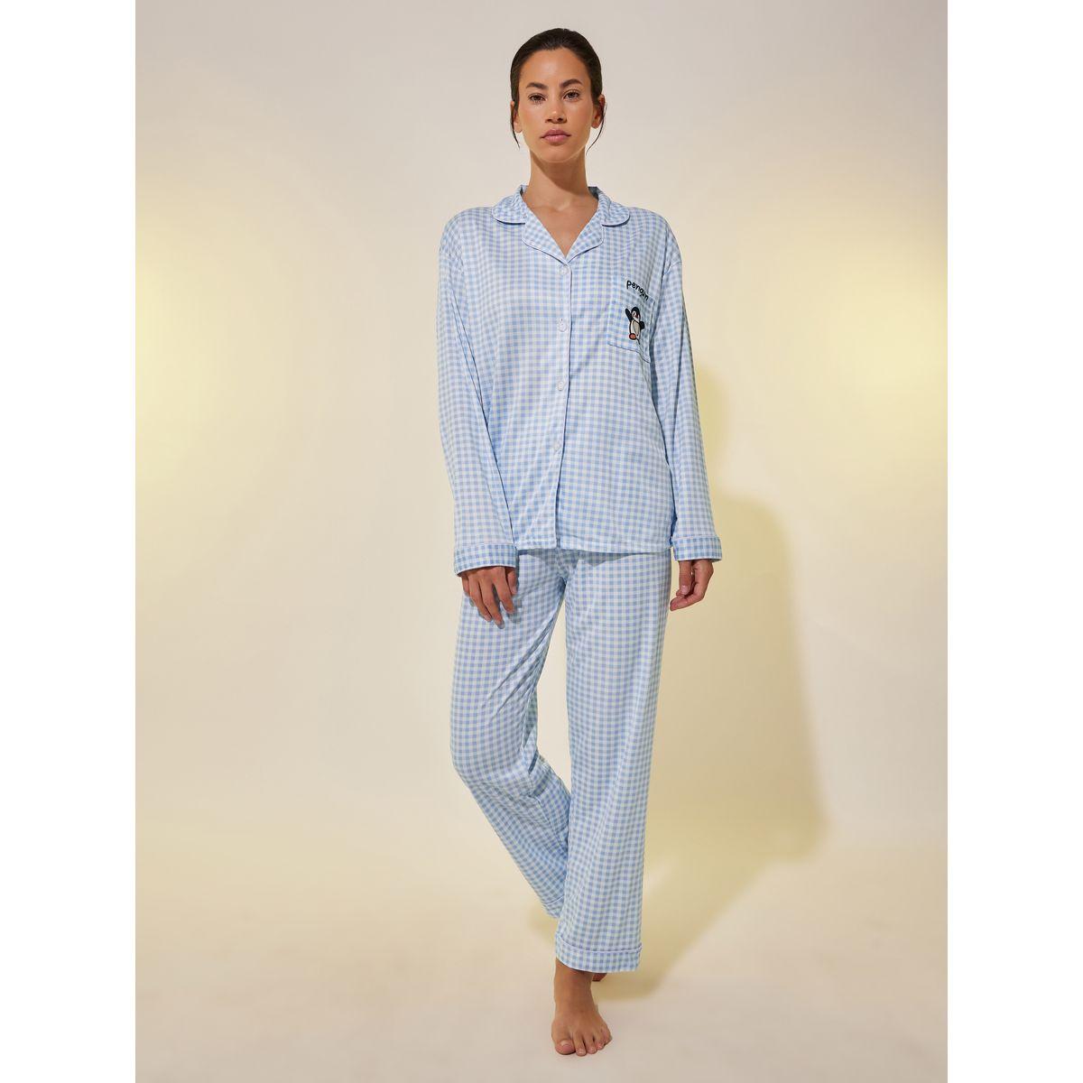 Styli Checked Penguin Patch Pocket Shirt and Pyjama Set-women-clothing-nightwear-pyjamas-longsets-image-1