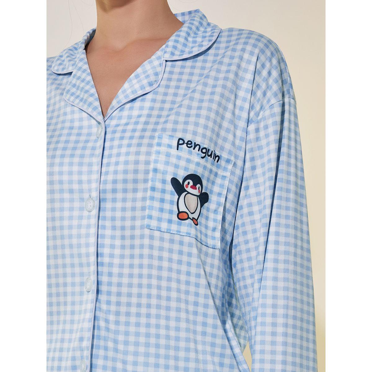 Styli Checked Penguin Patch Pocket Shirt and Pyjama Set-women-clothing-nightwear-pyjamas-longsets-image-3