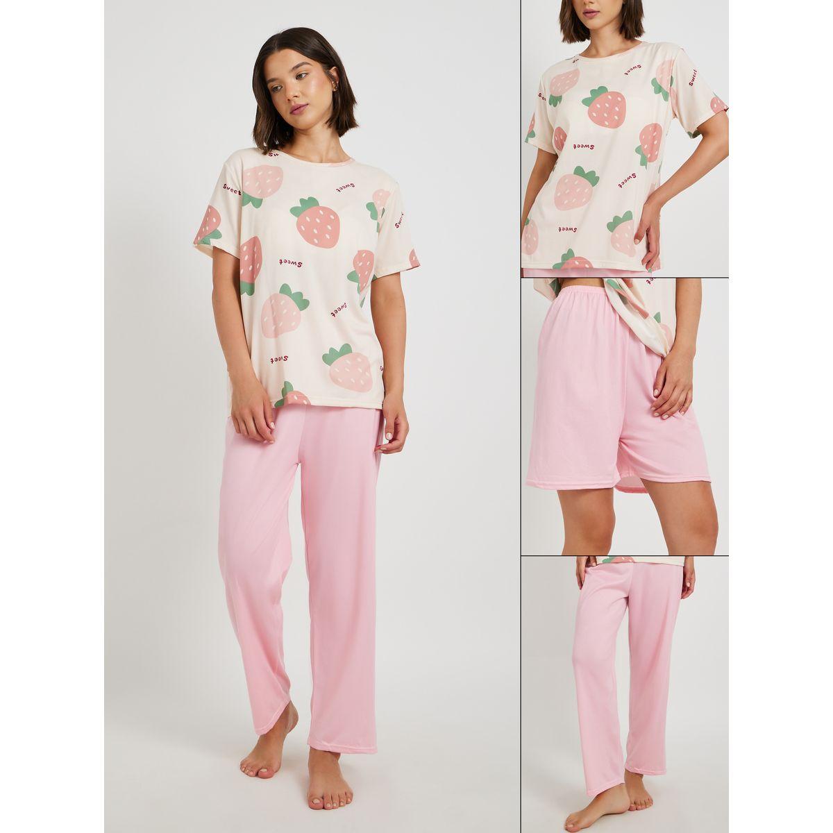 طقم بيجاما من بنطال وشورت سادة مع تيشيرت-women-clothing-nightwear-pyjamas-longsets-image-1