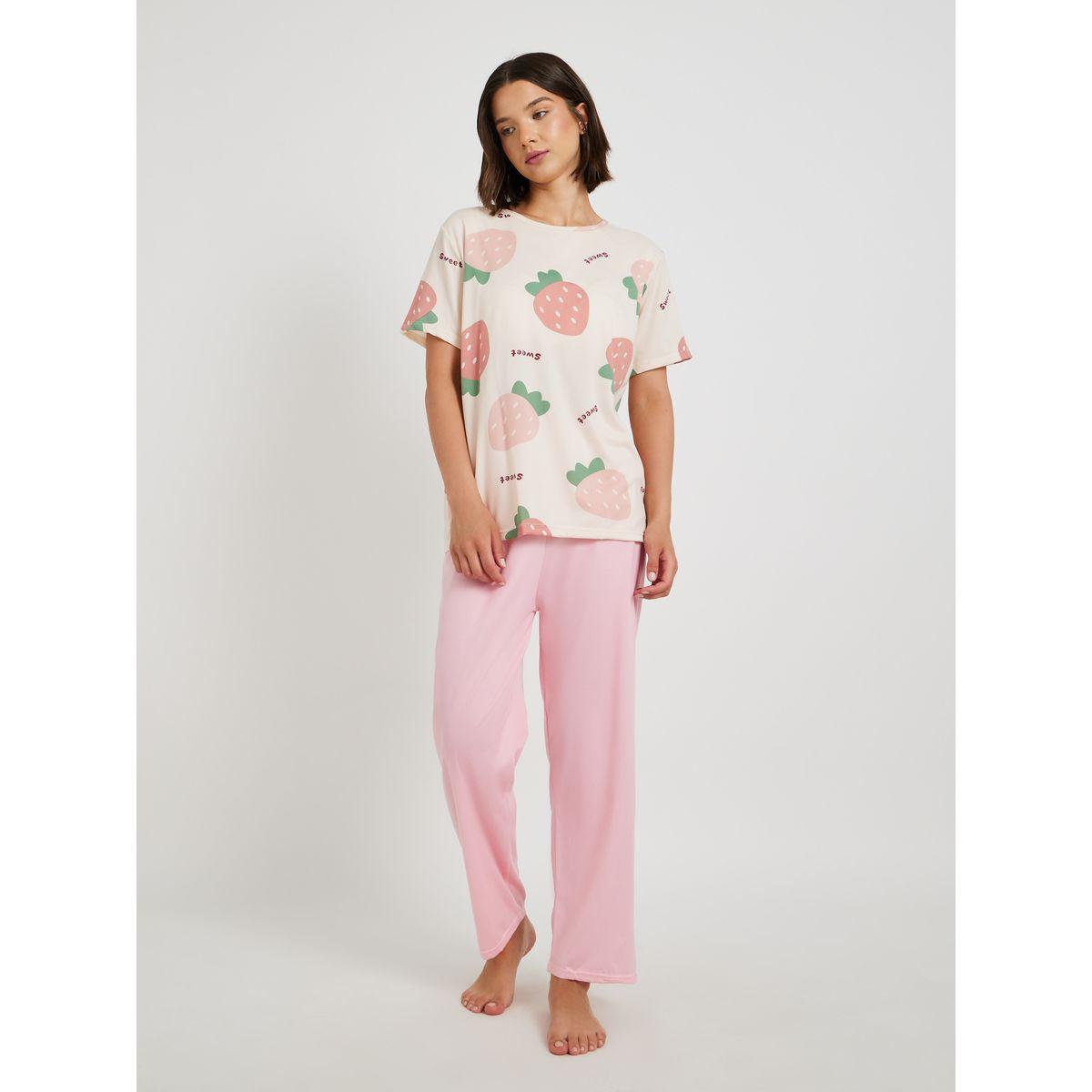 طقم بيجاما من بنطال وشورت سادة مع تيشيرت-women-clothing-nightwear-pyjamas-longsets-image-2