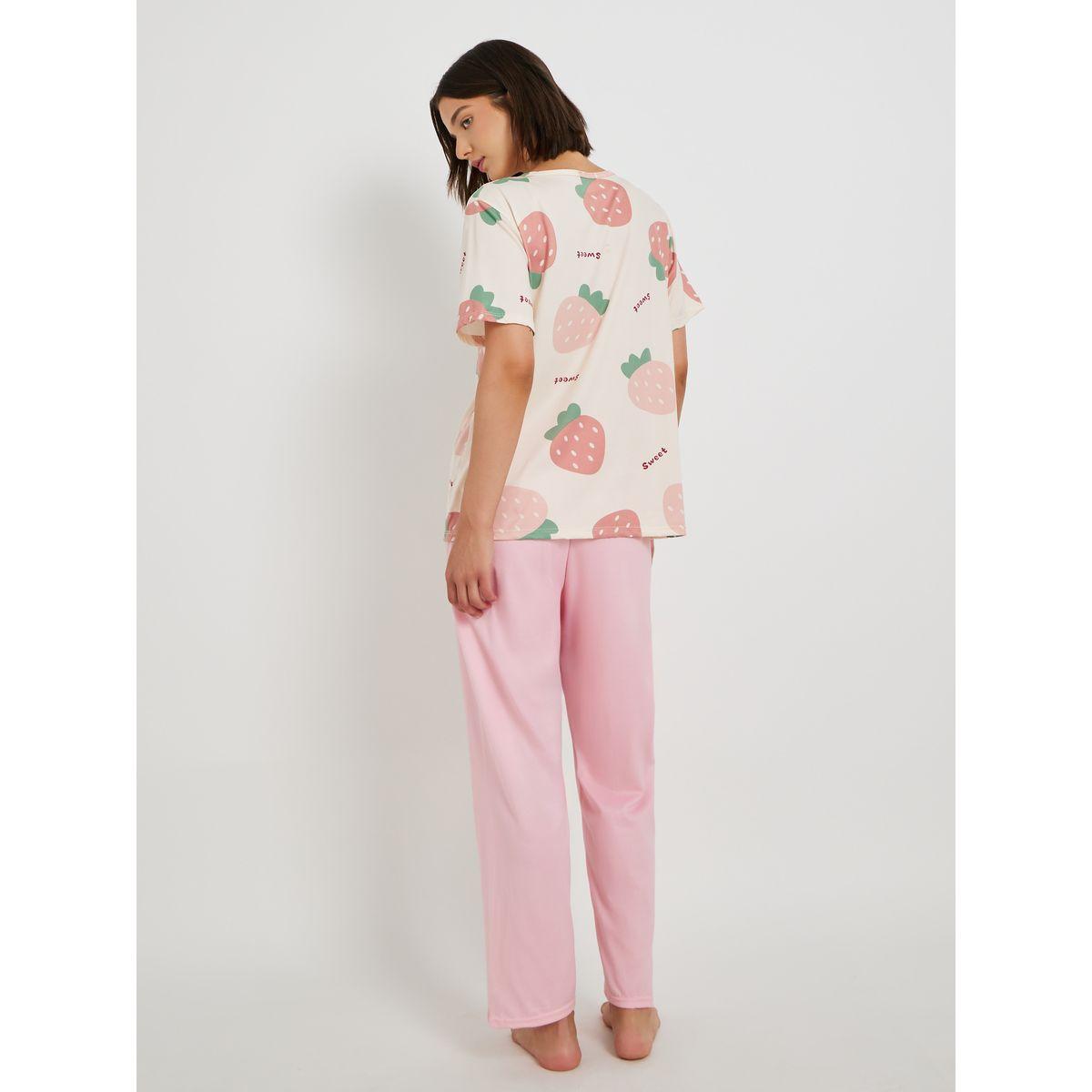 طقم بيجاما من بنطال وشورت سادة مع تيشيرت-women-clothing-nightwear-pyjamas-longsets-image-6