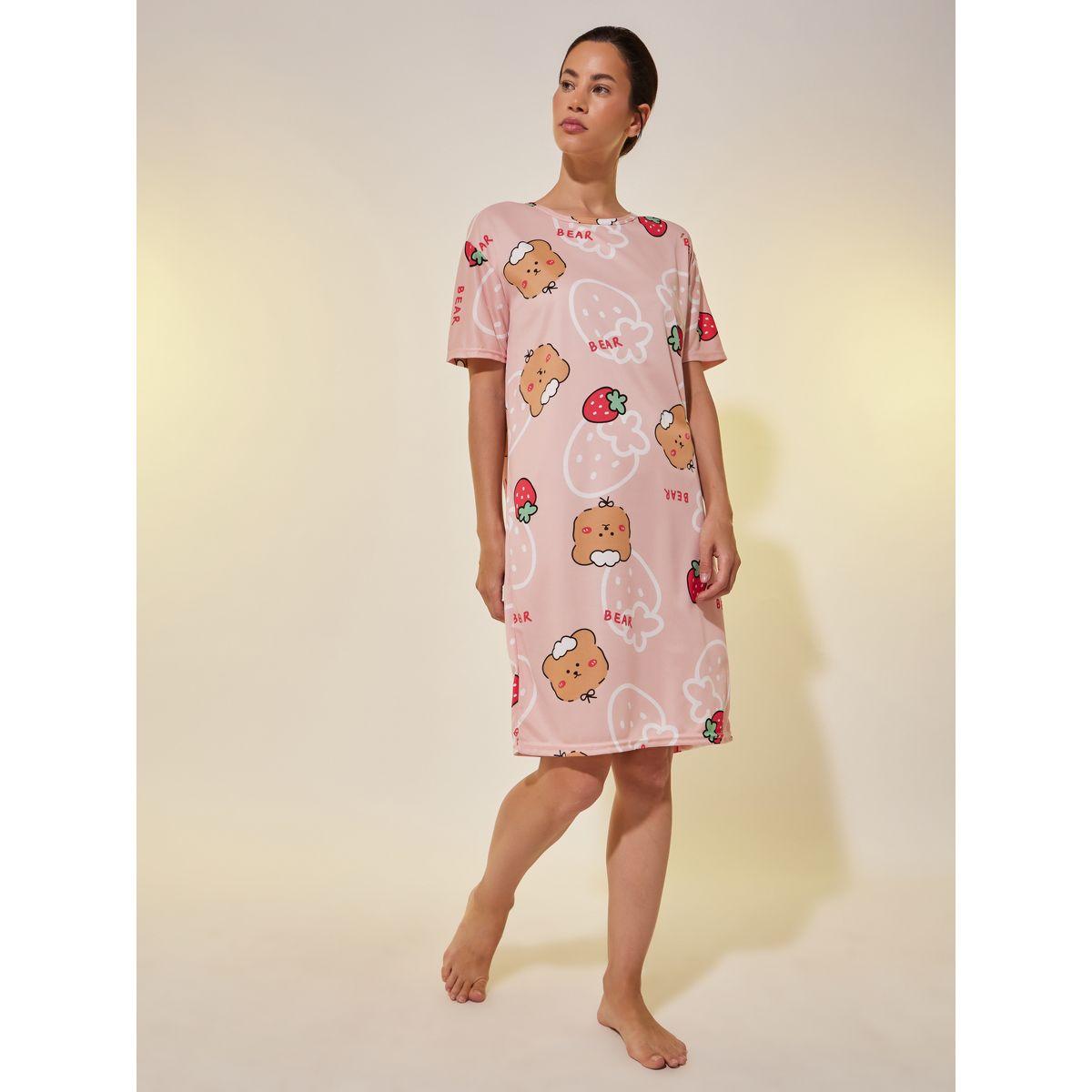 Styli All Over Bear Print Short Sleeve Nightdress-women-clothing-nightwear-nighties-image-1