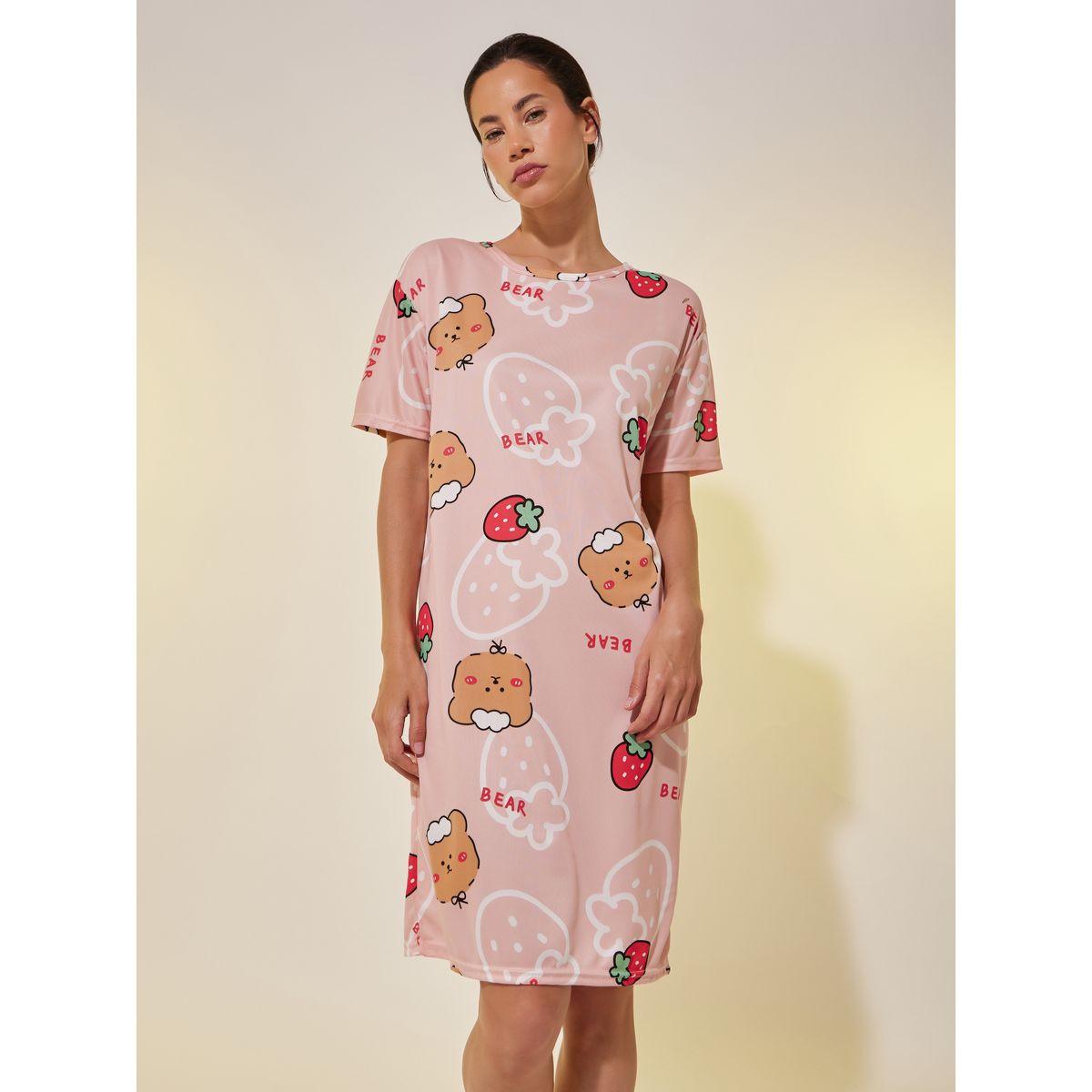 Styli All Over Bear Print Short Sleeve Nightdress-women-clothing-nightwear-nighties-image-2