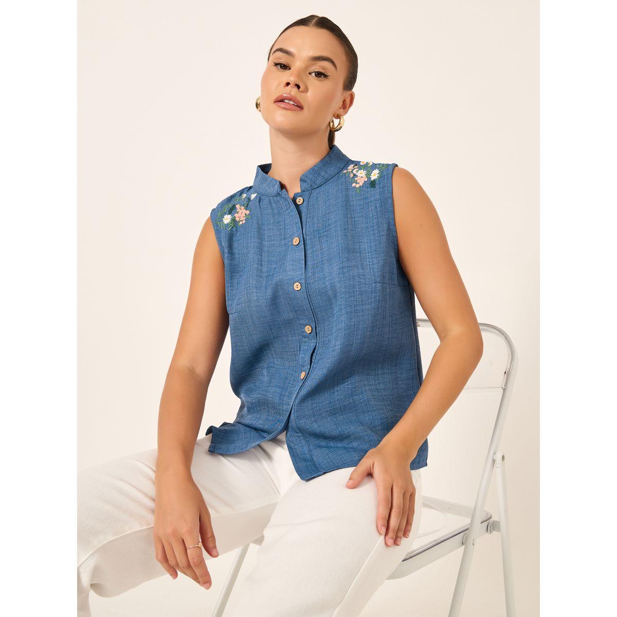 Take Two Embroidered Mandarin Collar Sleeveless Blouse-women-clothing-shirtsandblouses-blouses-image-1