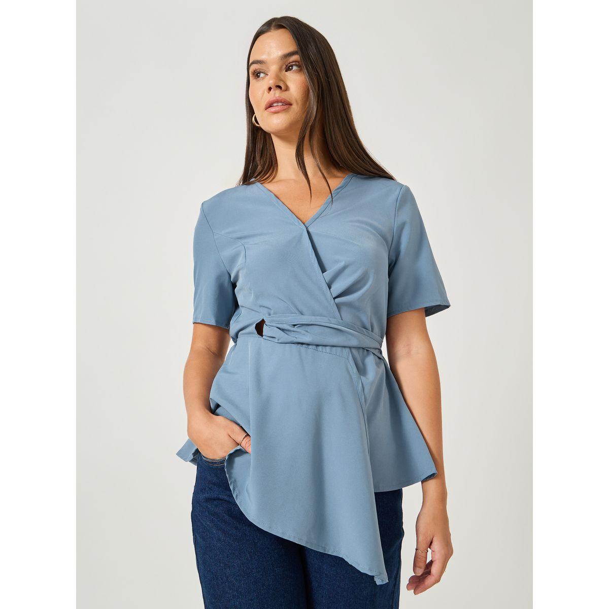 بلوزة سادة بحافة غير متماثلة الطول وأكمام قصيرة-women-clothing-shirtsandblouses-blouses-image-4