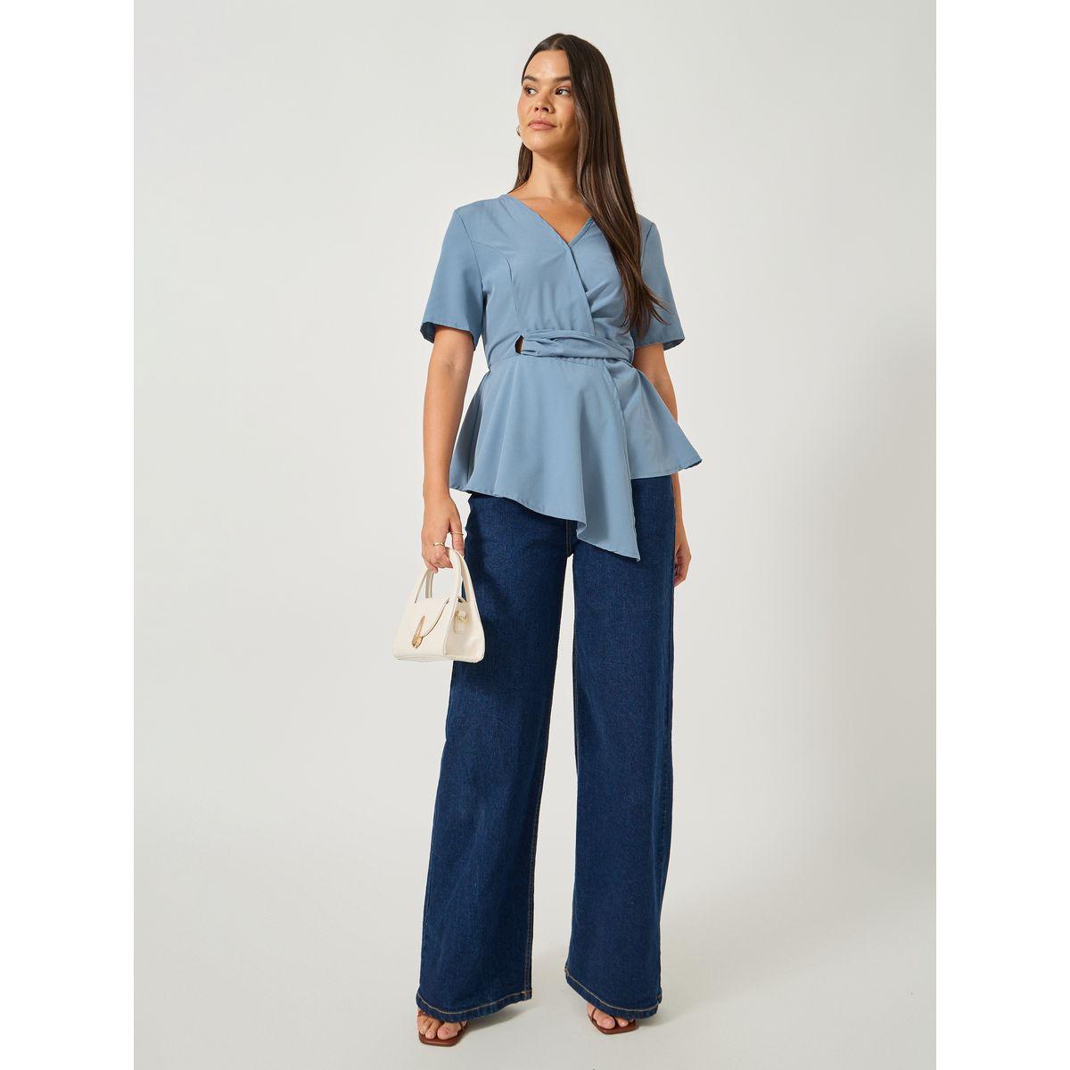 Take Two Solid V-Neck Asymmetrical Hem Short Sleeve Top-women-clothing-shirtsandblouses-blouses-image-2
