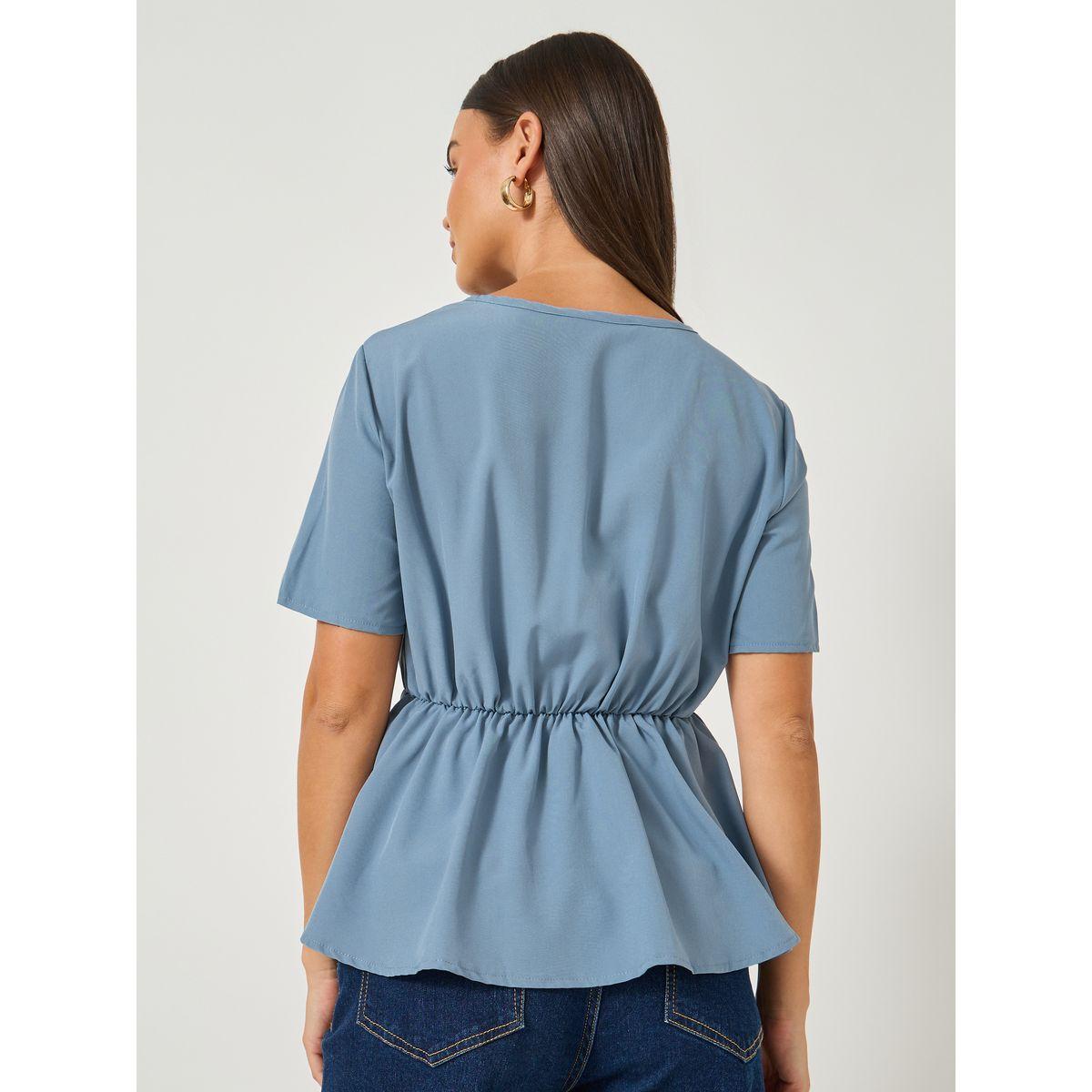 Take Two Solid V-Neck Asymmetrical Hem Short Sleeve Top-women-clothing-shirtsandblouses-blouses-image-4